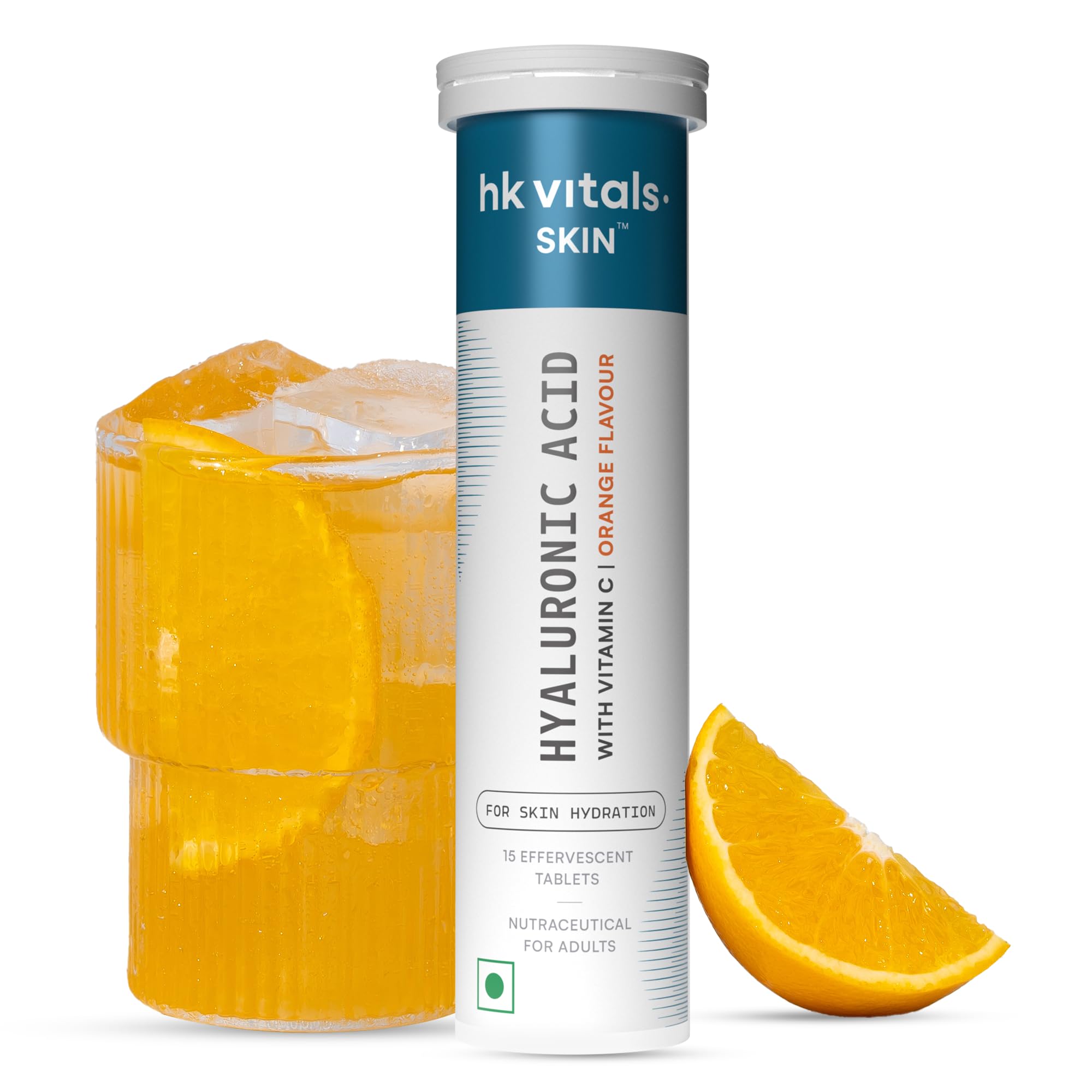 hk vitals Hyaluronic Acid (Orange, 15 Effervescent Tablets) | 500mg Hyaluronic Acid with 65mg Vitamin C | Supports Skin Hydration, Glow & Collagen Synthesis