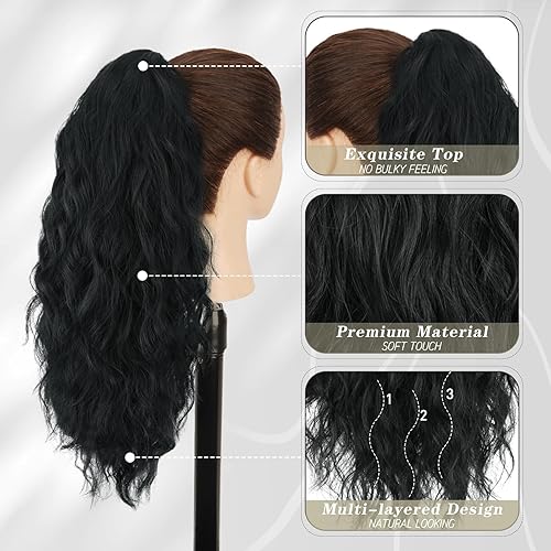 Miniatura 3 de BARSDAR Extensión de cola de caballo negra, extensiones de cabello de cola de caballo con clip de garra de 18 pulgadas para mujer, extensiones de