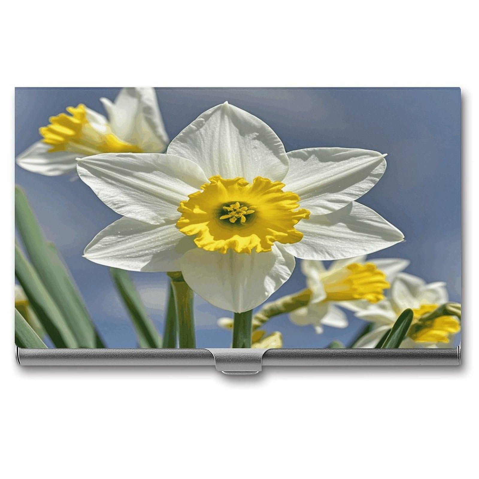 LZQPOEAS Daffodil Flower Business Card Holder Aluminum Alloy Flip Cover Slim Name Cards Case Lightweight Business Name Card Holder Case Portable Purse Name Cards Holder