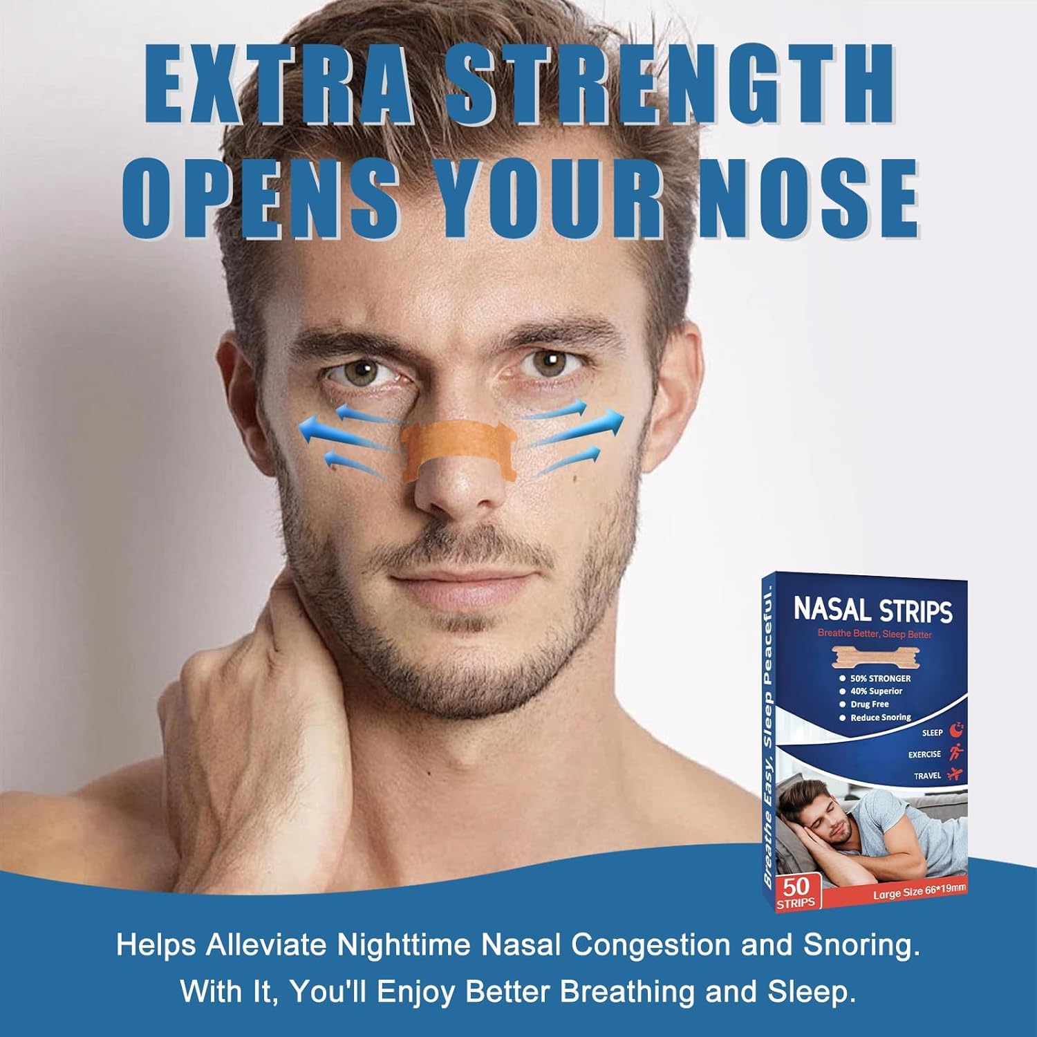 Nasal Strips - 50 Count Nasal Strips for Snoring, Extra Strength Tan Nasal Breathing Strips to Improve Sleep, Instant Nasal Congestion Relief Caused by Colds & Allergies Large