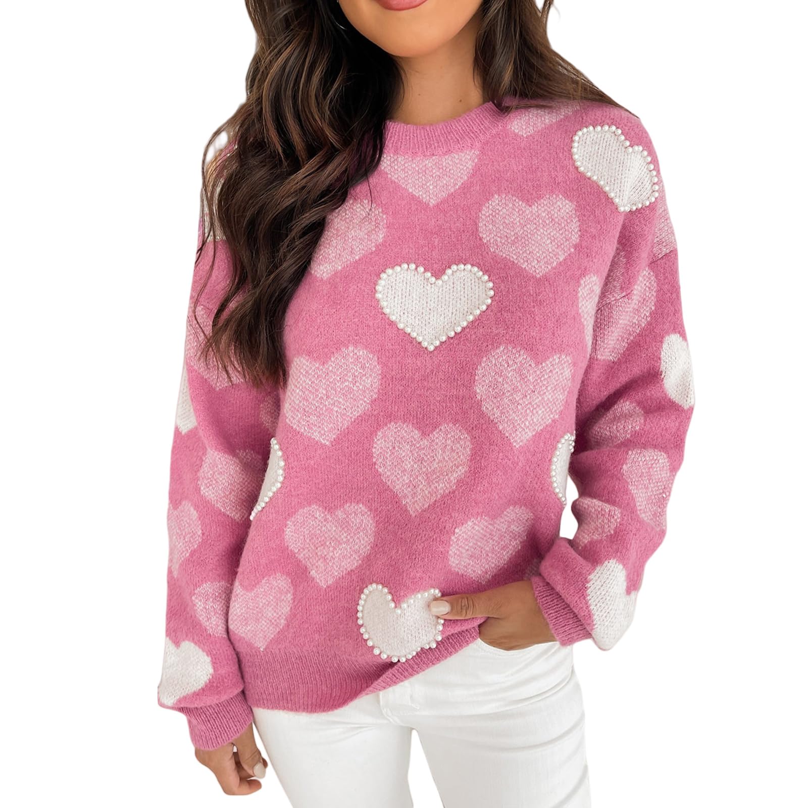 Heart Sweater for Women Valentines Cute Print Crewneck Long Sleeve Oversized Love Sweaters Knit Pullover Tops
