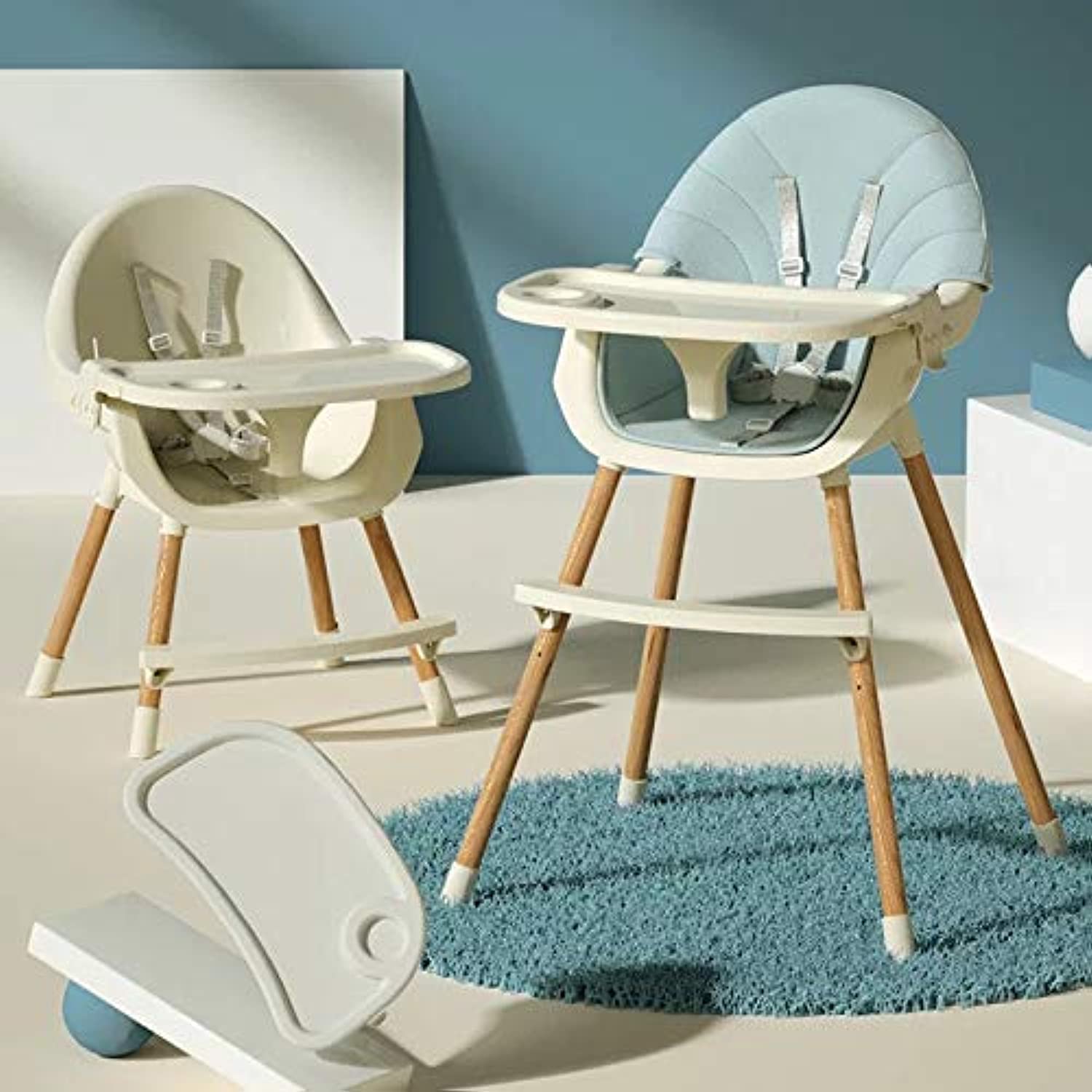 Baby Dining Chair 3-in-1 Portable High Chairs ，Adjustable Height Foldable Toddler Seat ，Safe Toddler's Dining Chair with Meal Tray for Your Baby (white+blue)