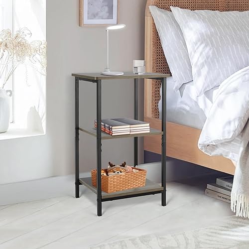 Miniatura 6 de Mesa auxiliar de 3 niveles, mesa auxiliarmesita de noche con postes de acero, 1 paquete, roble francés grisnegro