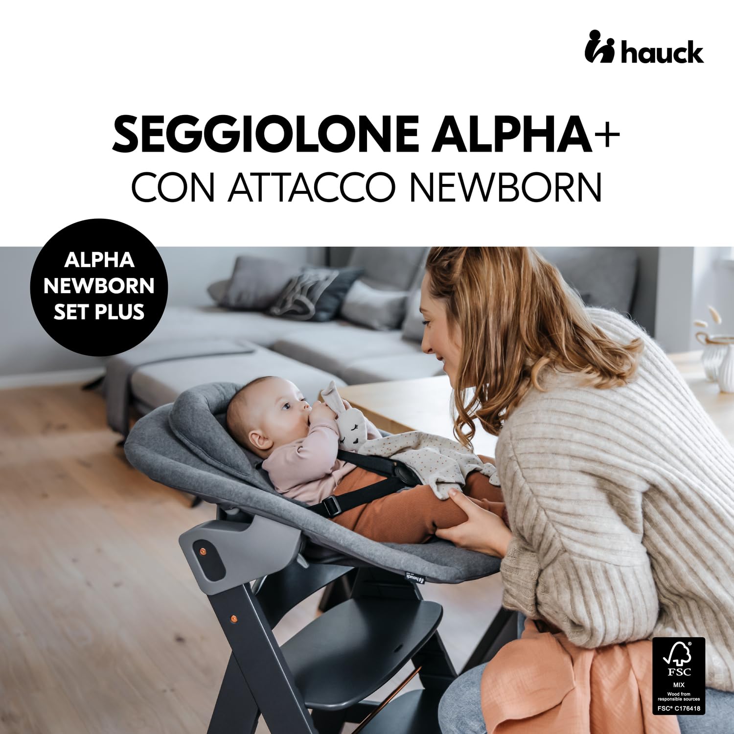 hauck Seggiolone Pappa in Legno Alpha Newborn Set Plus - Seggiolone Evolutivo Da 0 Mesi con Supporto Neonati Reclinabile - Sedia Evolutiva (Faggio Certificato FSC®), Regolabile - Grigio Scuro