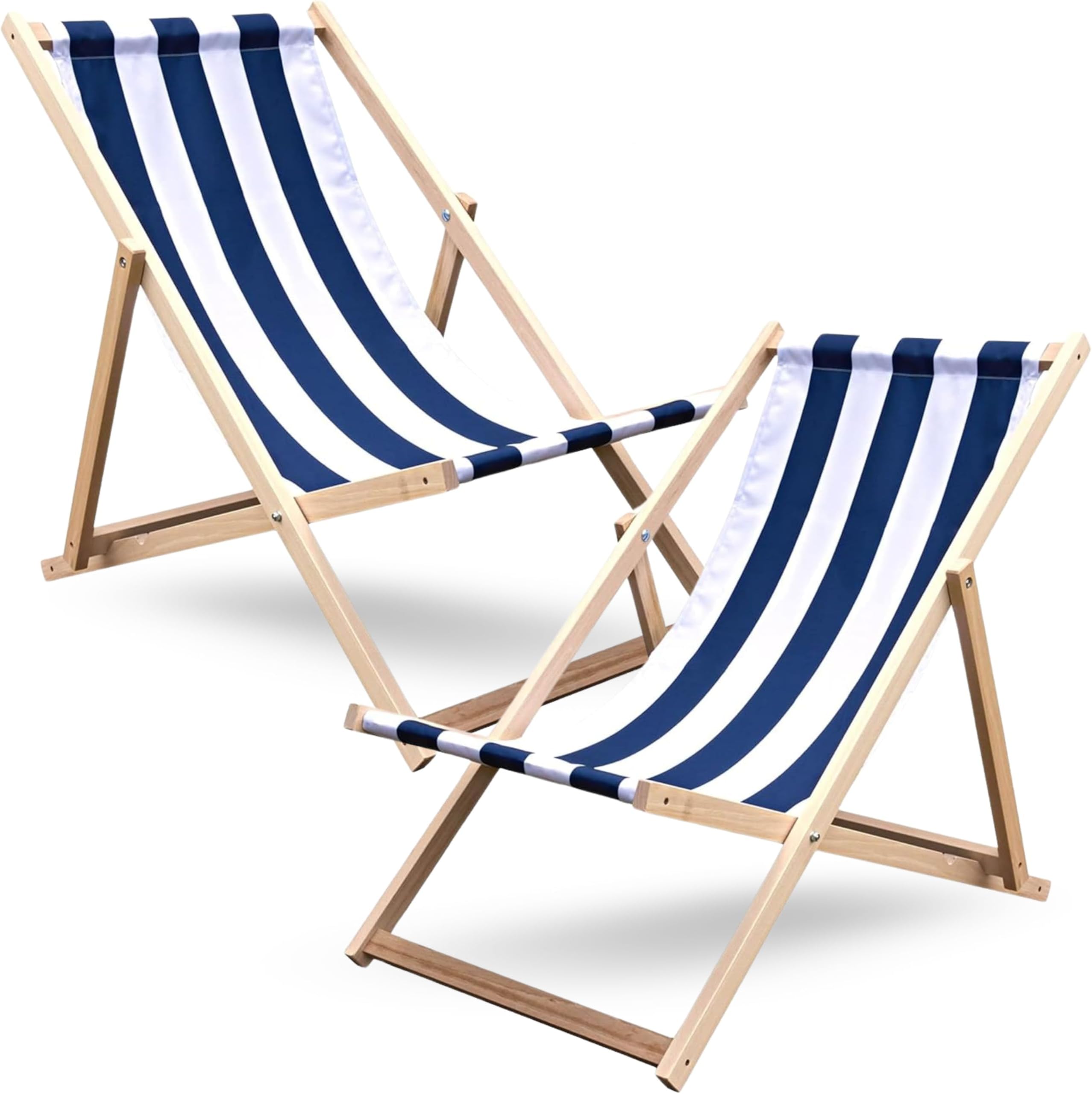 NOVECRAFTO Folding Wood Deck Chairs Set of 2 - Marine Style Folding Deck Chair - Navy Blue & White Stripes Canvas Fabric Beach/Garden Seaside Lounger - Outdoor Adjustable Recliner Deckchairs
