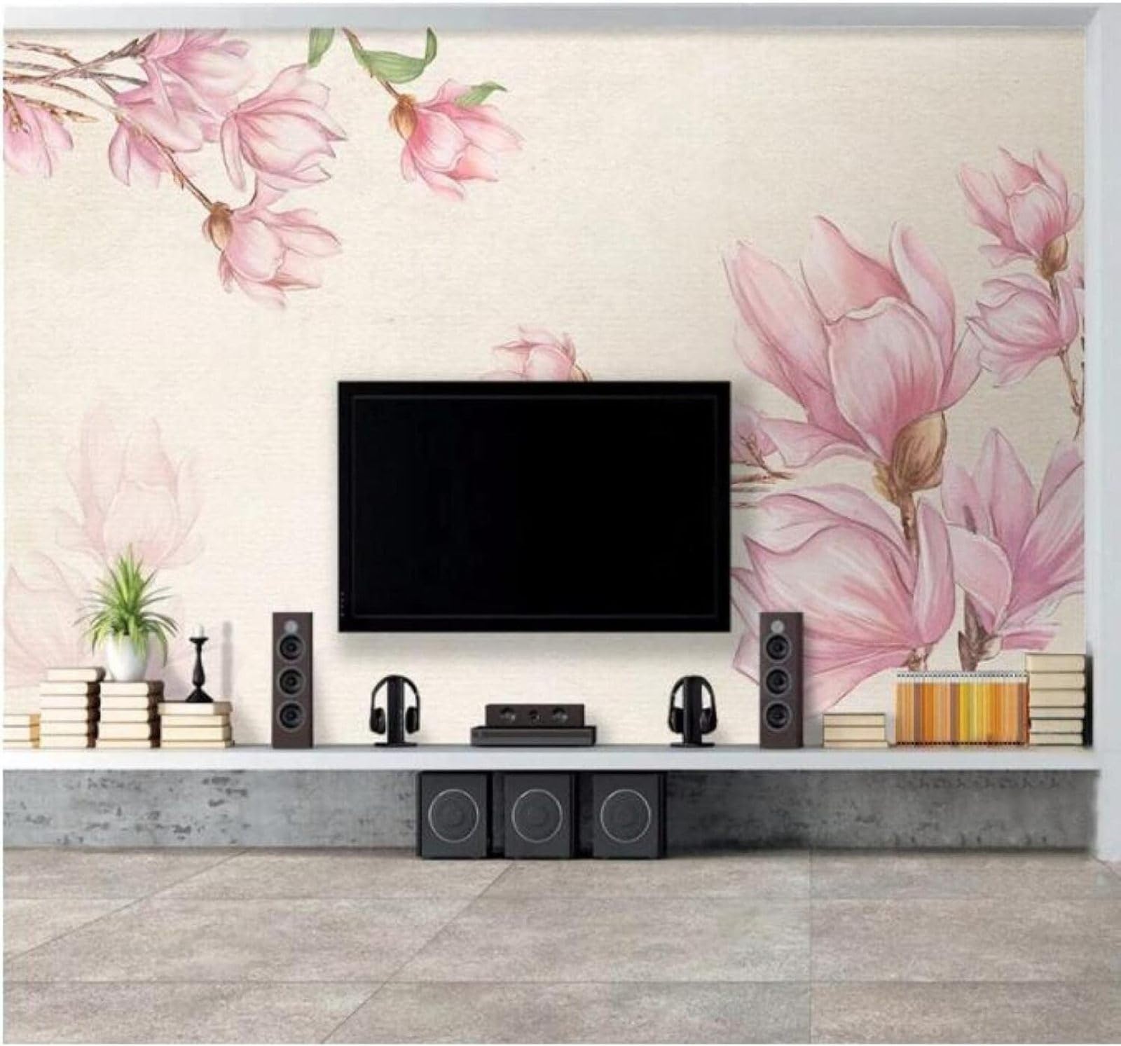 Xlming 350Cm×256Cm(B×H) Minimalist Hand Painted Beautiful Pink Magnolia 3D Wallpaper Luxury Silk Study Dining Feature Sofa Grey Bedroom Living Room Tv Decorative Wall-350Cm×256Cm