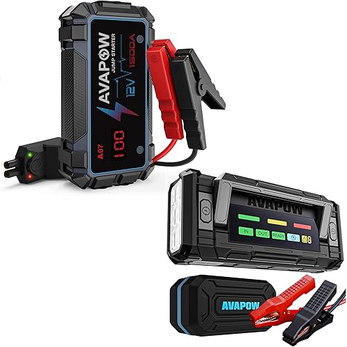 AVAPOW Arrancador de batería de 8000 A portátil con pantalla HD de 4 pulgadas, PD de 30 W, carga rápida de doble vía y AVAPOW 1500A arrancador de