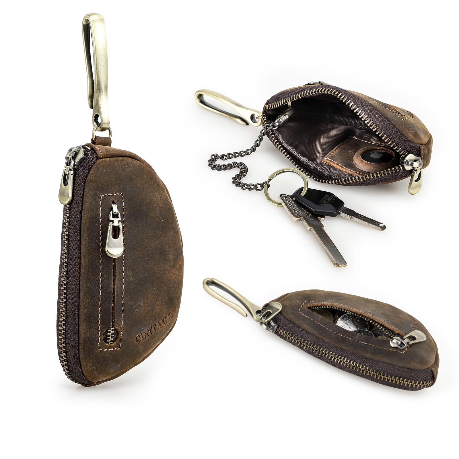Sam's Design Genuine Leather Wallet Zipper Airtag Key Holder Unisex Key Chain Organizer Coin Puse Dark Brown-image-44
