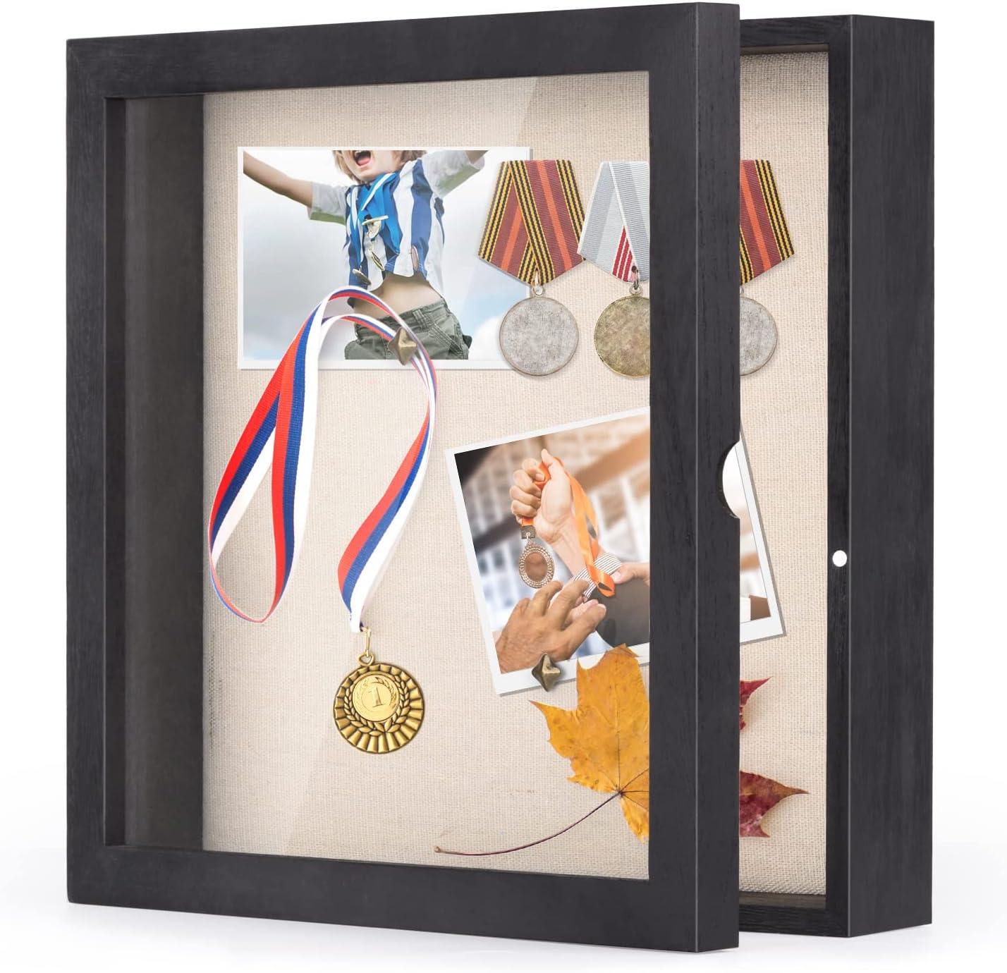 SZQINJI Shadow Box Frame 11x11 Shadow Box Display Case with Linen Back Glass Door Memorabilia Awards Medals Photos Wood Memory Box Rustic Black