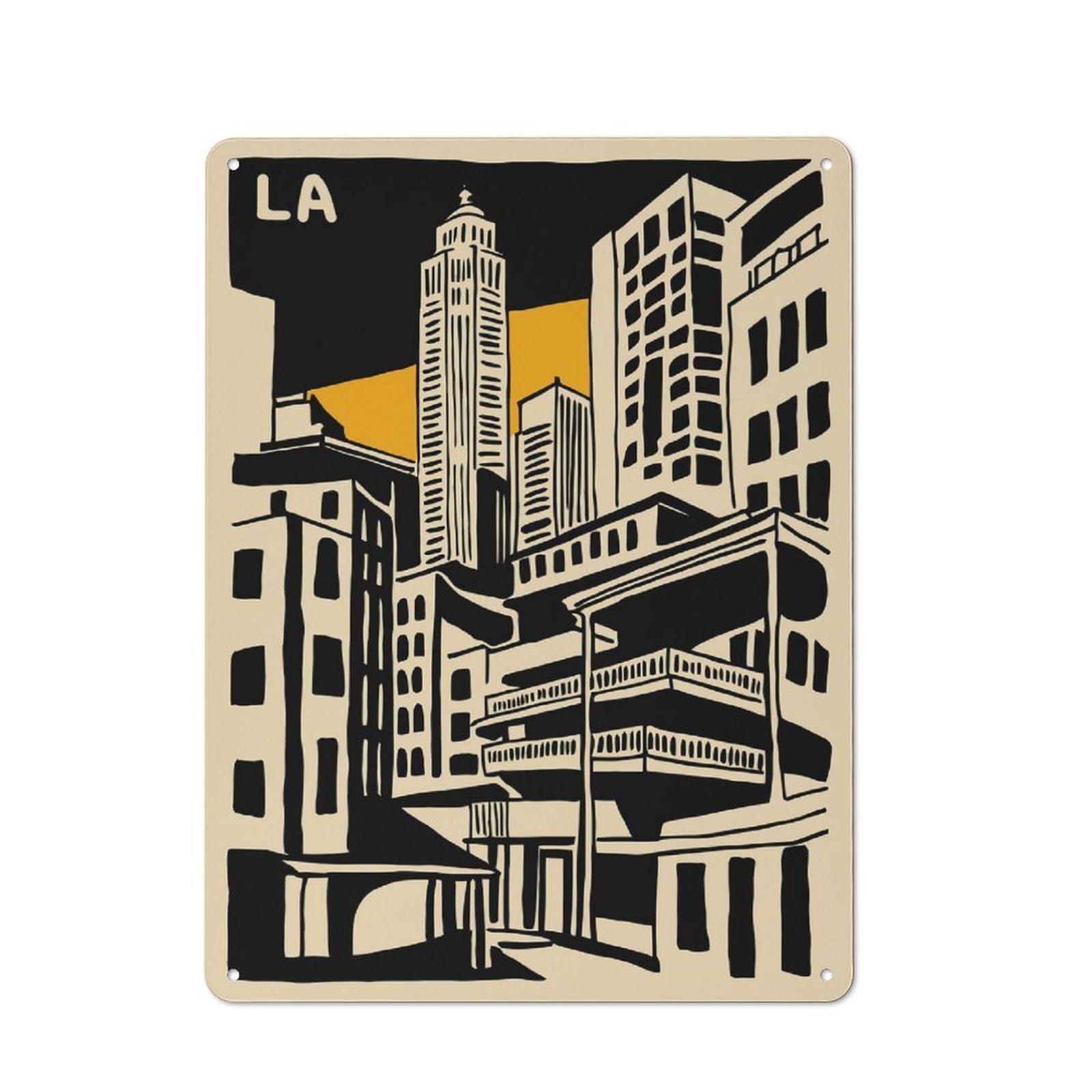 Junmoney Style-2 Metal Wall Sign 40X30cm Featuring Los Angeles Cityscape Illustration For Garage Or Workshop, Suited To Diy Enthusiasts