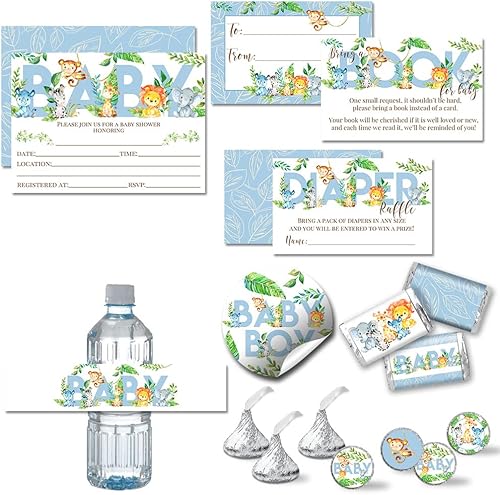 Amanda Creation El paquete de fiesta de baby shower de animales de la selva de acuarela incluye 20 invitaciones con sobres + 4 tamaños diferentes de