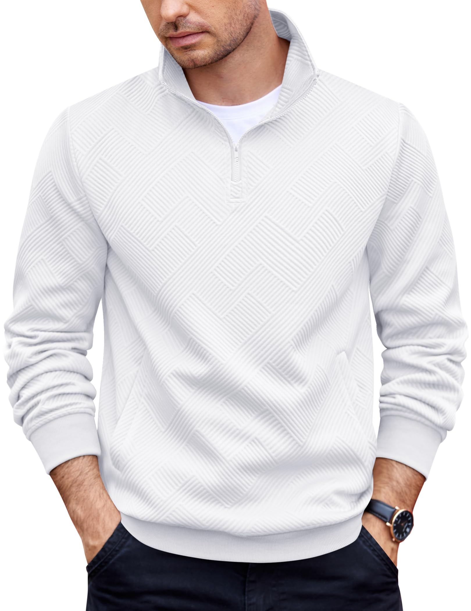 coofandy Mens Quarter Zip Pullover Casual Long Sleeve Quilted Sweatshirt Mock Neck Polo Sweater with Pocket-picture-28