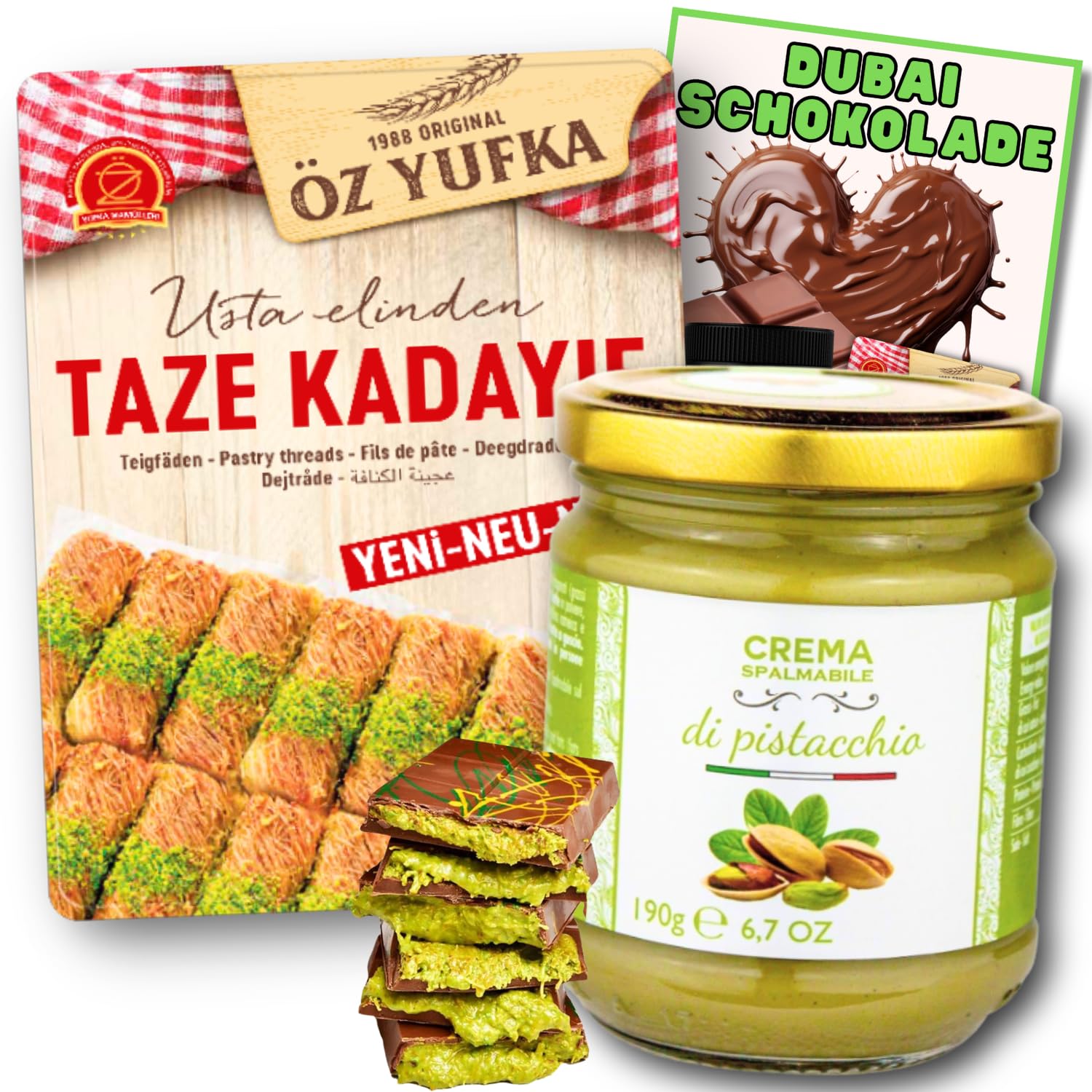 Kadayif Engelshaar Teigfäden + Pistaziencreme - Set zur Herstellung von Dubai Schokolade (1x400g Kadayif - 1x 190g Pistaziencreme 40%) inkl. Anleitung