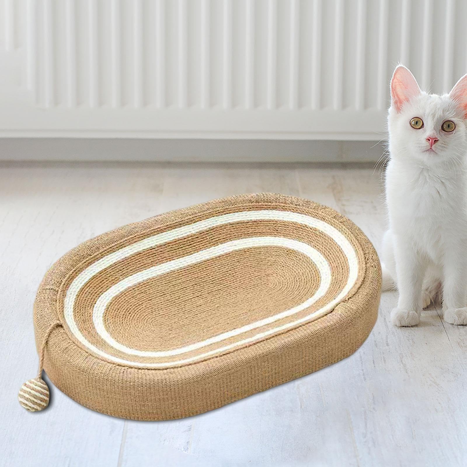 Colcolo Ovales Kratzbrett Katzen für Katzen, 3 in 1 Katzen Kratzmatte mit Ballspielzeug, Lounge Kratzpappe, Möbelschutz Schutz zum Spielen, Kratzbrett für Katzen, Weiß gestreift, Braun