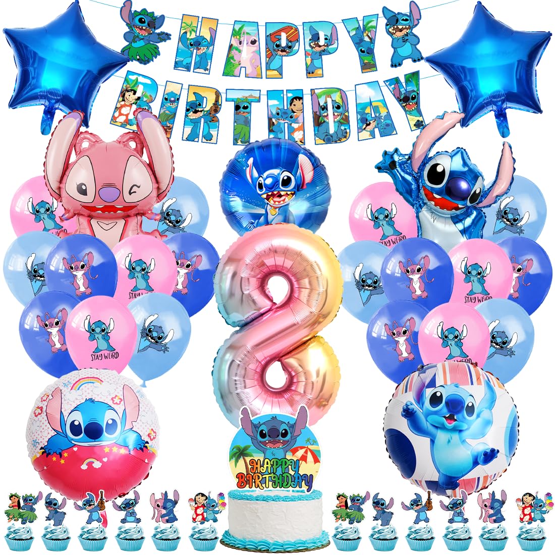 Luftballons Kinder Geburtstag Deko 8 Jahre, Foil Balloons Geburtstagsdeko, Party Deko Set mit Tortendeko und Happy Birthday Banner für Kindergeburtstag 8. Mädchen Junge Party Dekoration