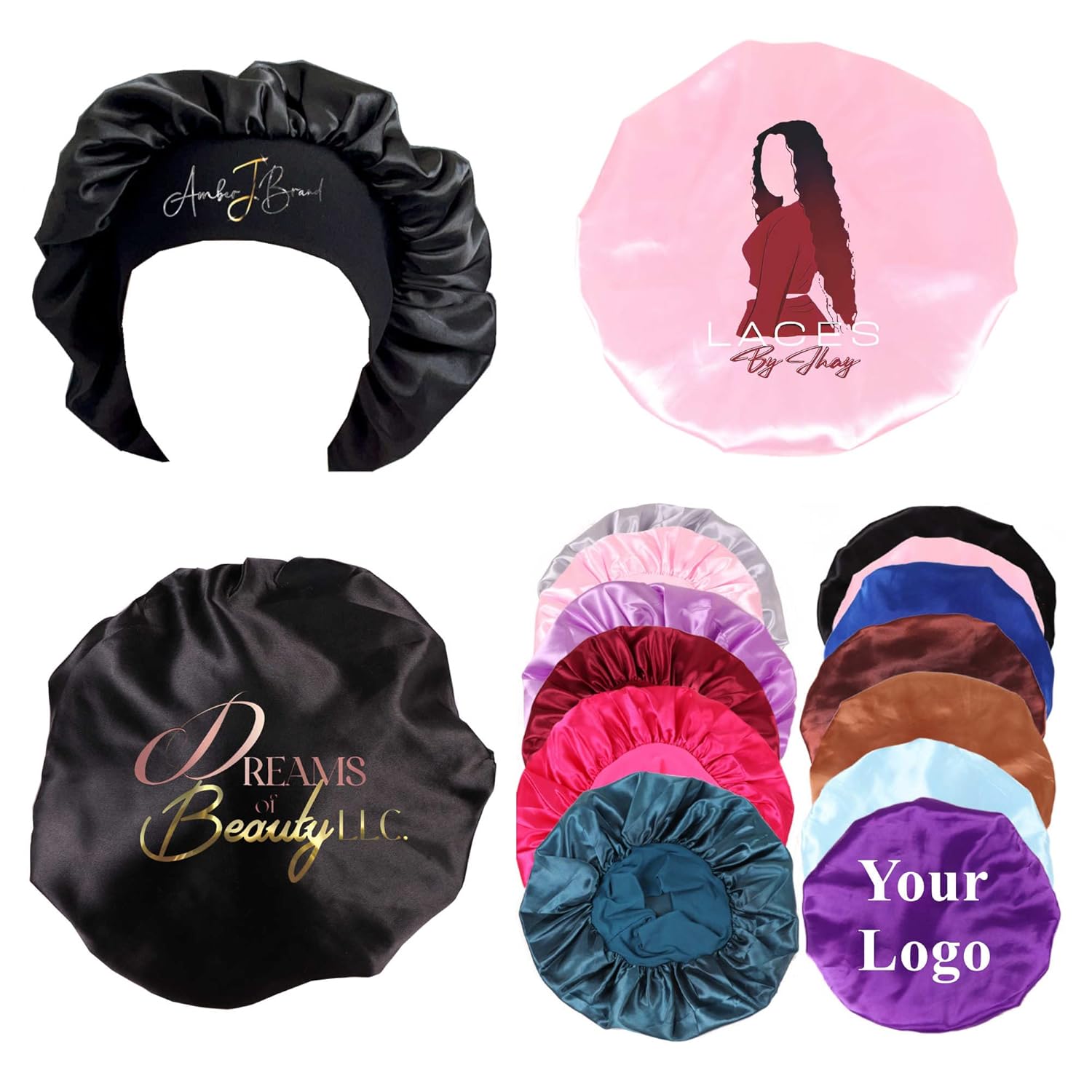 Customize Satin Bonnet Silk Hair Bonnet for Sleeping Black Women, 10 PCS Custom Private Logo Hair Wrap Cap (Logo on top, Black)