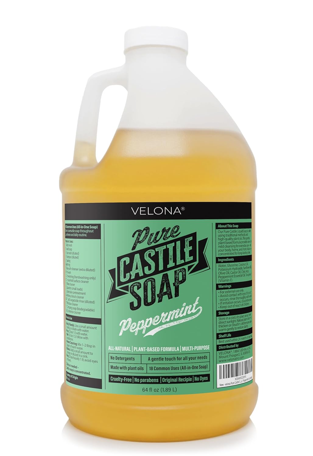 velona Pure Castile Soap - 64 Fl oz | Mild & Gentle | Face, Hand, Hair, Body Wash, Laundry | Peppermint Essential Oil