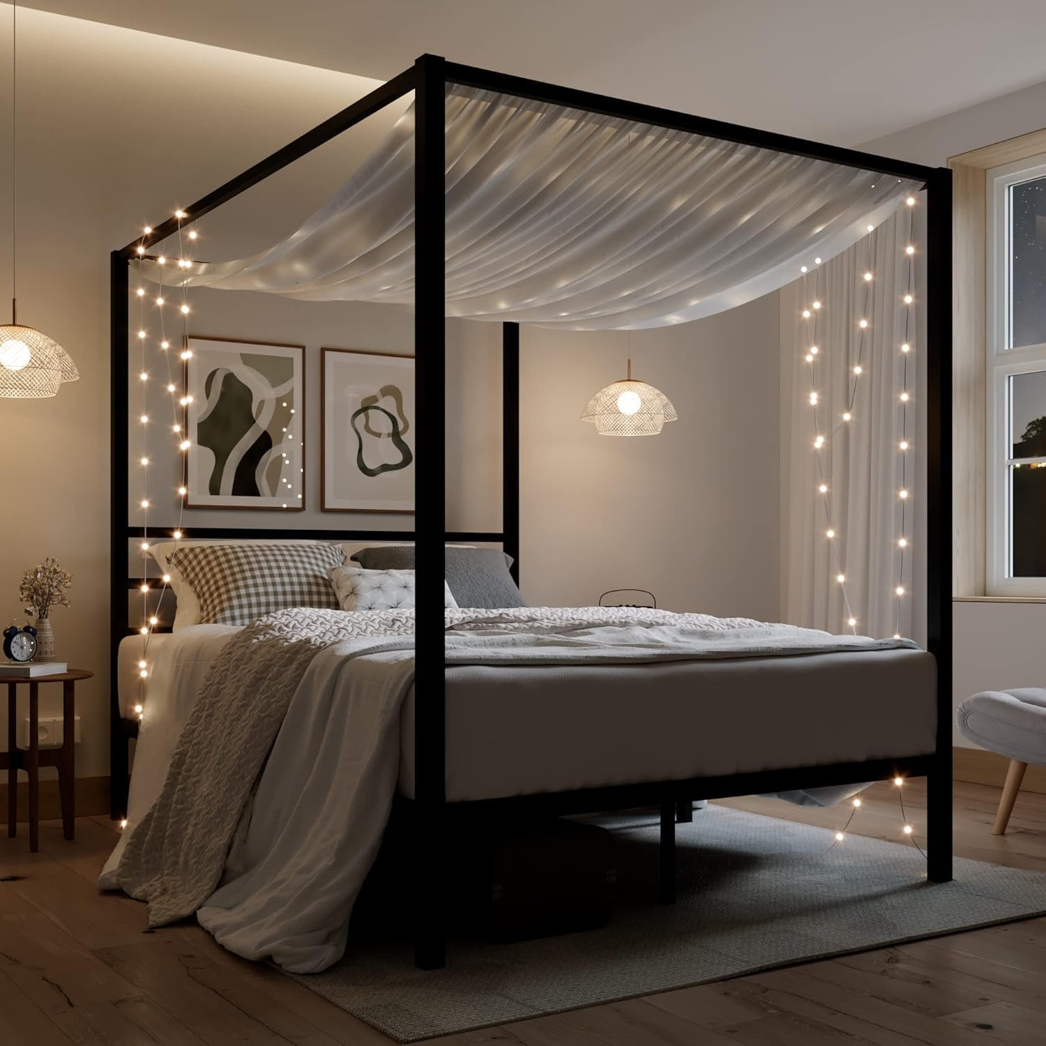 Metal Queen Size Poster Bed Without Storage | Canopy Queen Poster Bed for Bedroom & Home | Sturdy Wrought Iron Double Cot with Headboard & Footboard, Black (75x60)-image-7
