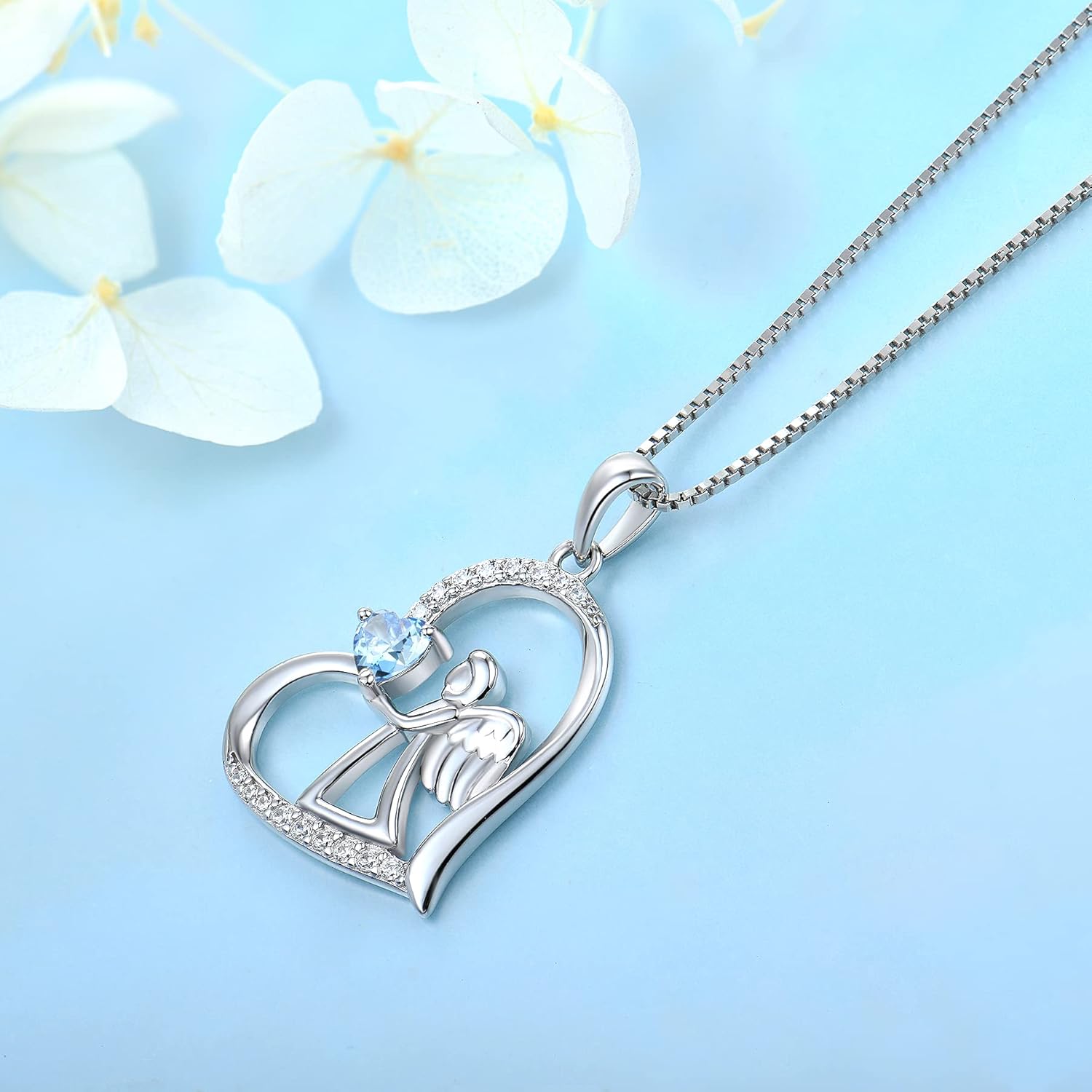 FJ Heart Guardian Angel Necklace 925 Sterling Silver Angel Wing Pendant Birthstone Jewelry for Women - Image 4