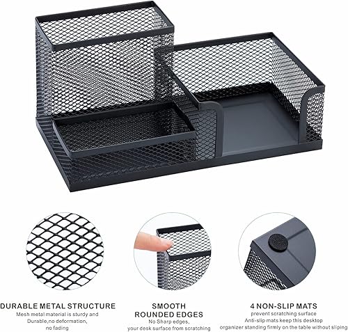 Miniatura 3 de Soporte para bolígrafo de malla negra, organizador de escritorio de malla multiusos, suministros de oficina de gran capacidad con soporte para notas