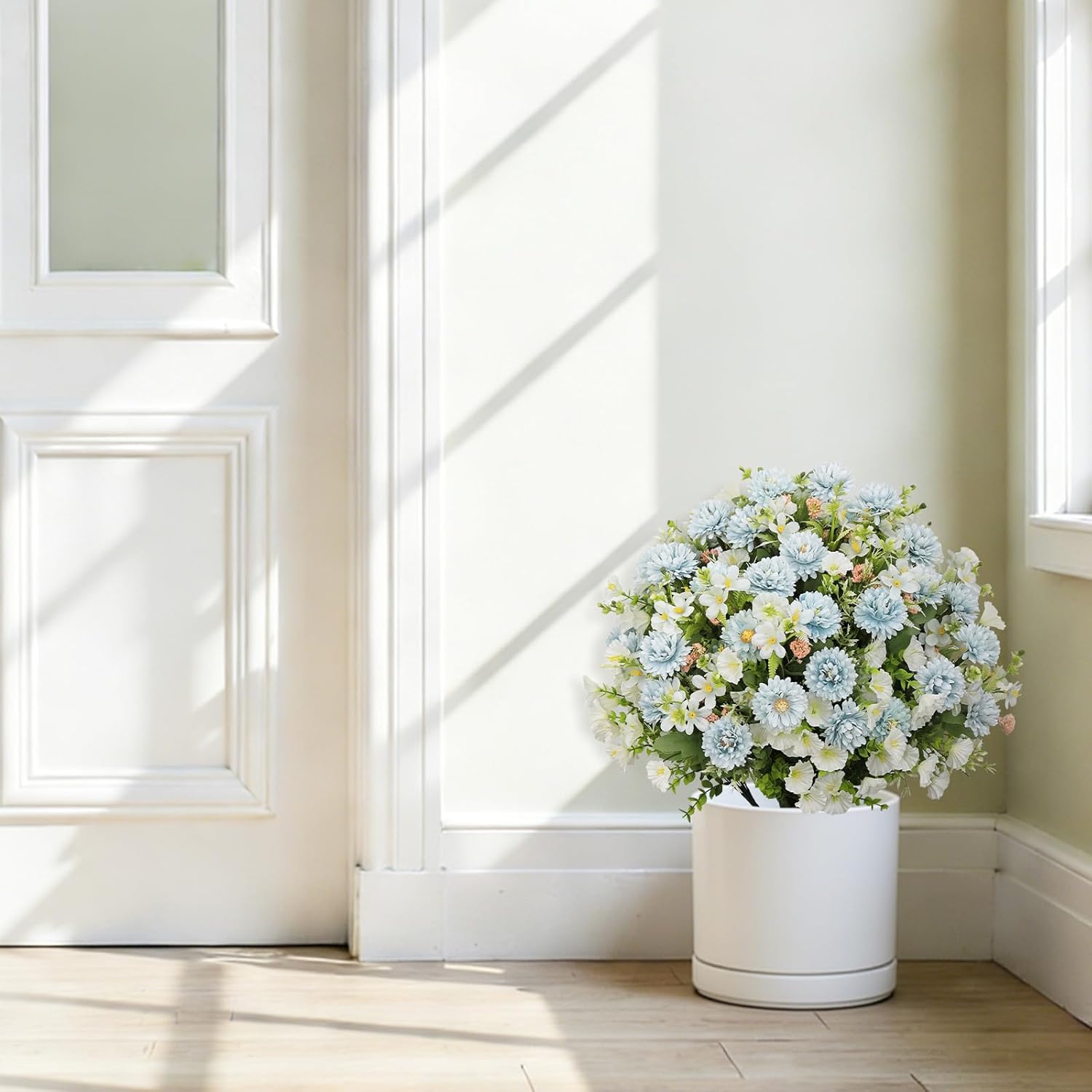 24" Artificial Daisy Flowers for Outdoors, Set of 2 - UV Resistant Faux Potted Eucalyptus Plants & Blue Silk Chrysanthemum Ball in Cement Pots for Covered Front Porch Indoor Spring Decor