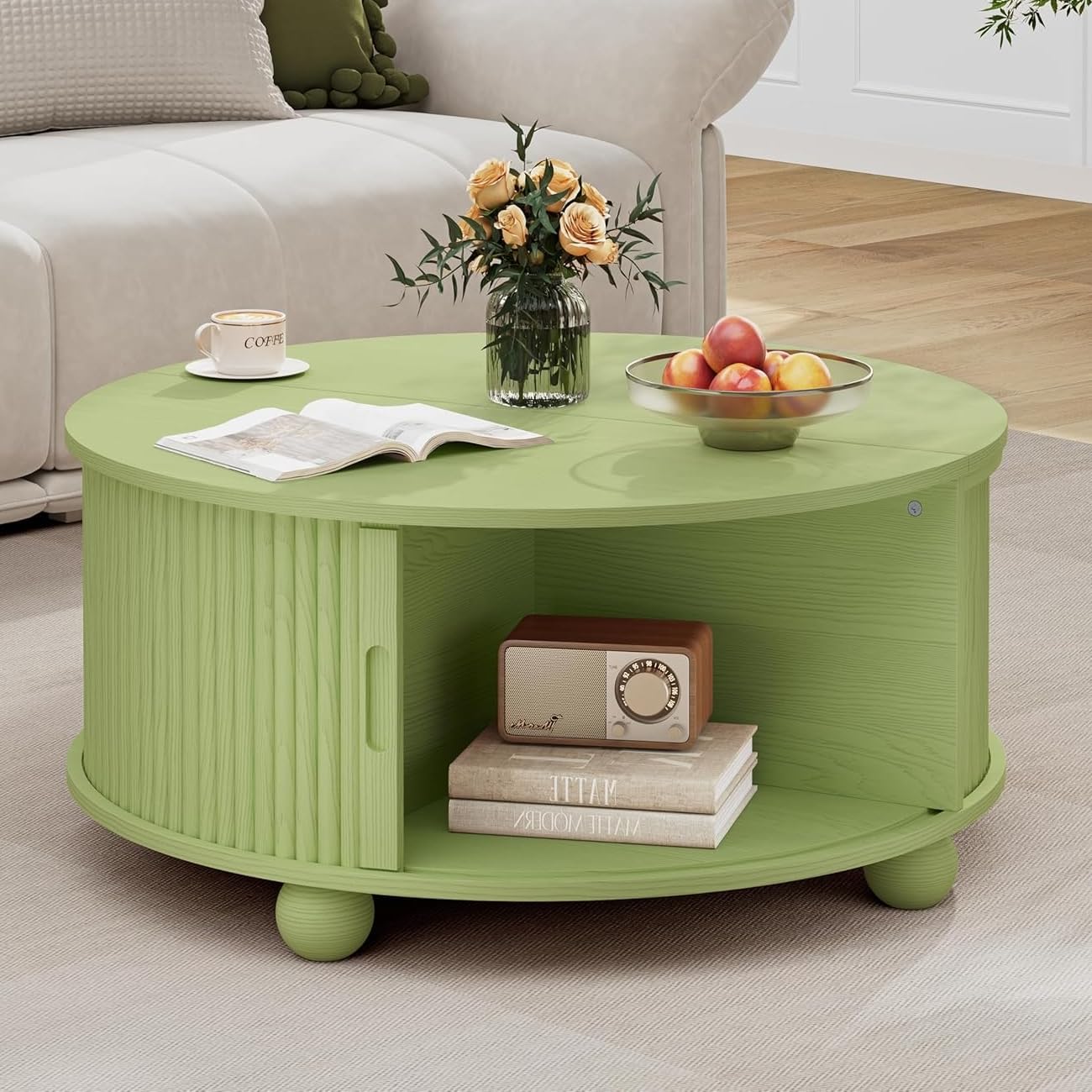 Fluted Round Coffee Table with Storage 31 5 Mid Century Modern Coffee Table with 360 Curved Sliding Door