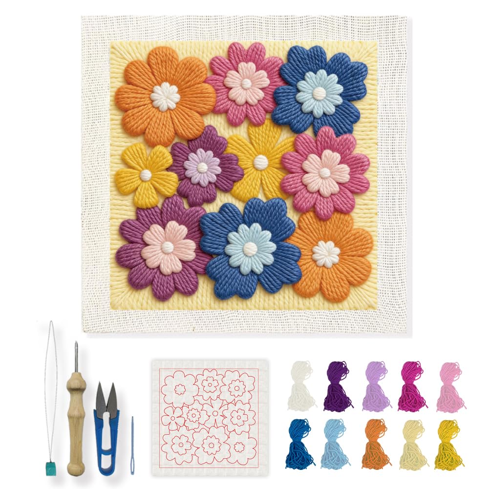 INFUNLY Colorful Flower Punch Needle Embroidery Kit 9.4" DIY Punch Embroidery Kit for Adults Spring Flower Needlepoint Set Blossom Needles Stitching Kits with Instruction for DIY Craft Lovers Gift