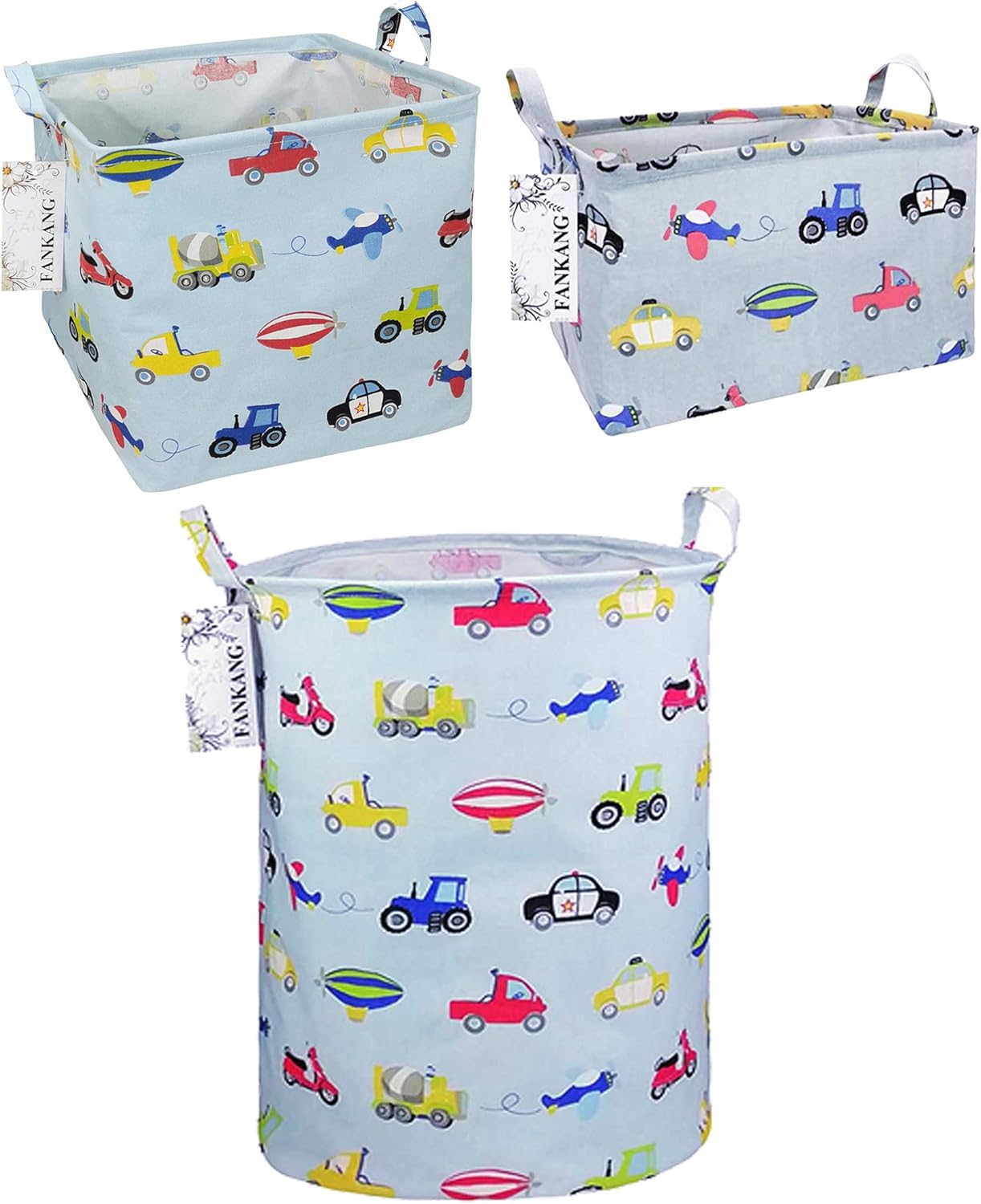 FANKANG Storage Bins Nursery Hamper Canvas Laundry Basket Foldable with Waterproof PE Coating Large Storage Baskets Gift Baskets for Kids, Office, Bedroom, Clothes,Toys (Cars)
