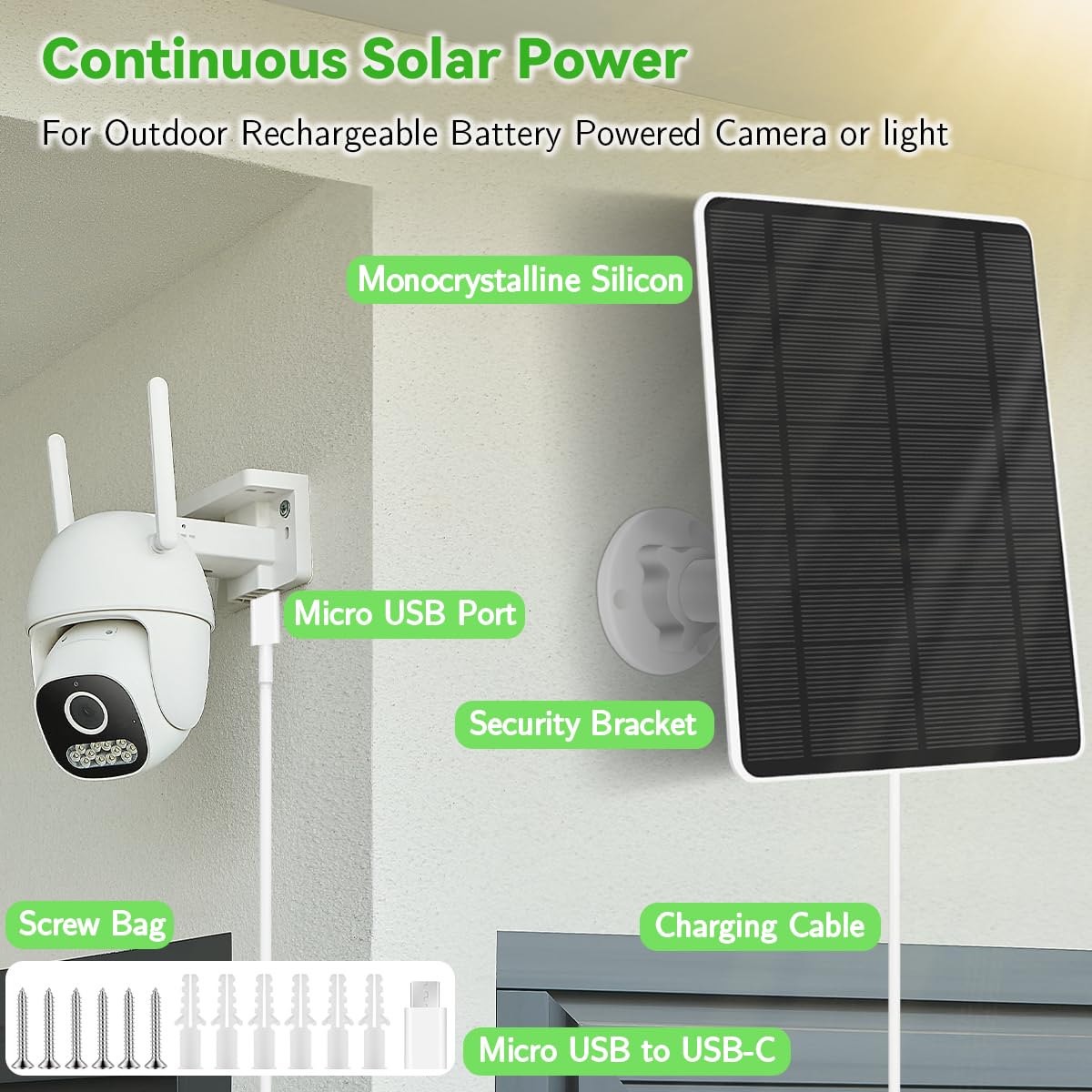 Security panel słoneczny (5 W), kompatybilny z EufyCam, panel słoneczny 5 V ze złączem USB-C, adapter micro USB, IP65, odporny na warunki atmosferyczne, do monitorowania zewnętrznego i ładowania