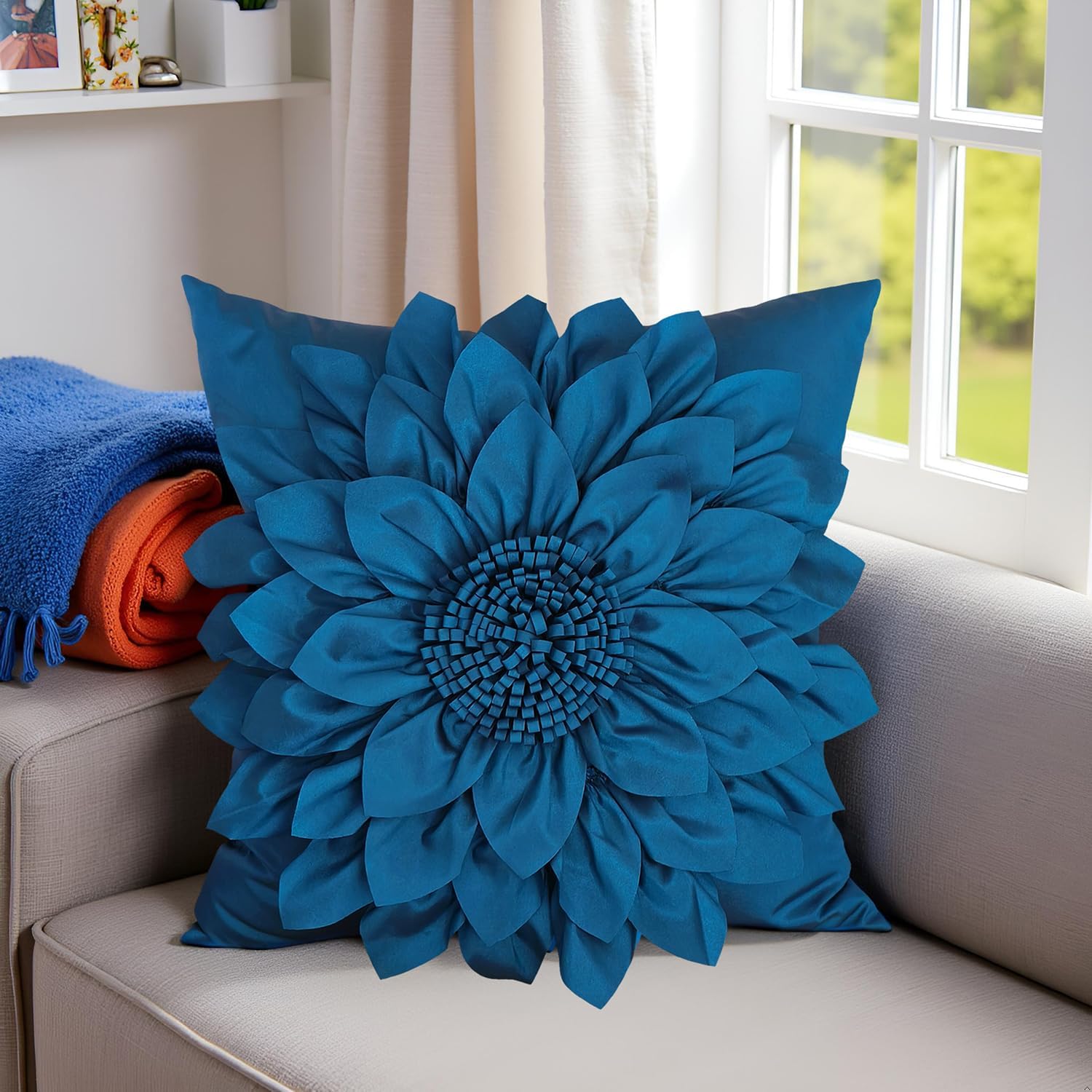 Bella's Giftshop Navy Blue Decorative Throw Pillow Covers 18x18 Inch for Bed Sofa Couch, Handmade 3D Accent Sunflower Floral Pillowcase, Living Room Decor
