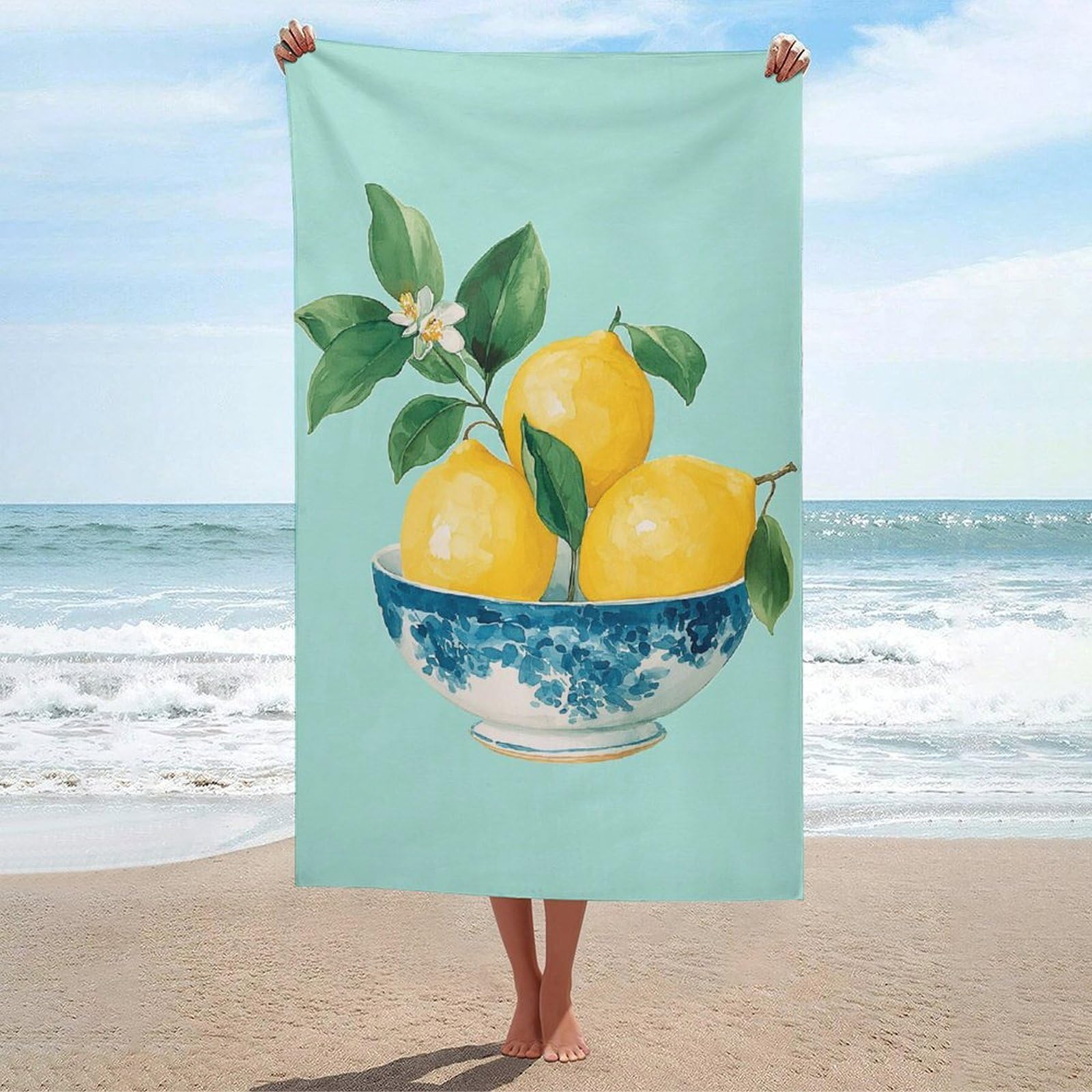 asbwuo Vintage Three Lemons in Ablue White Bowl Beach Towel