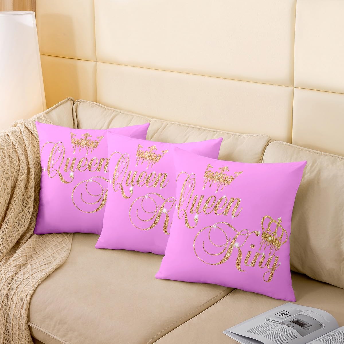 Homemissing Set di 4 federe per cuscini per lui e per lei, per casa, divano, letto, per adolescenti, donne, uomini, rosa, giallo, oro (senza brillantini), 50 x 50 cm, motivo: corona