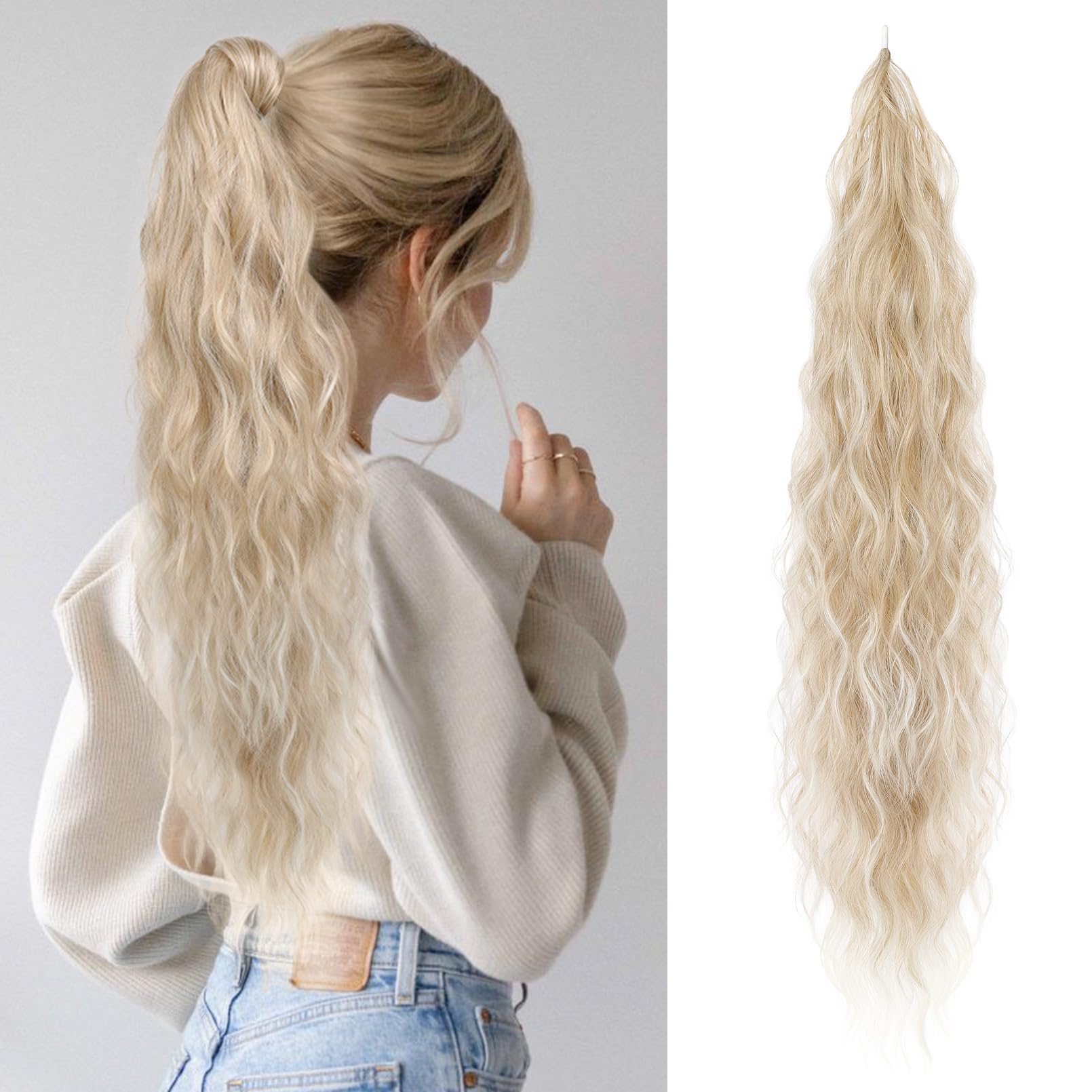 Flufymooz Ponytail Extension, Flexible Wrap Around Ponytail Extension Long Wavy Curly Ponytail Hair Extensions Natural pony tail Synthetic Hairpiece
