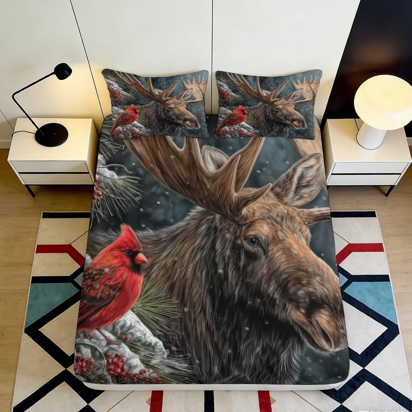 3D Printed Moose Forest Fitted Sheet Microfiber Soft Cardinal Bird Mattress Cover for Bedroom Dorm Decor Protection 90x200x25cm