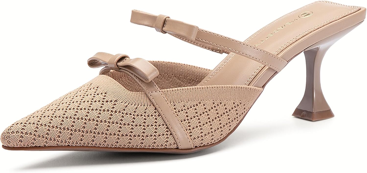 NEWBELLA Women's Closed Toe Kitten Heel Mules - Elegant Mesh Iron Plate Heeled Sandals, Slip-On Dressy Shoes for Office, Party & Comfortable Daily Wear