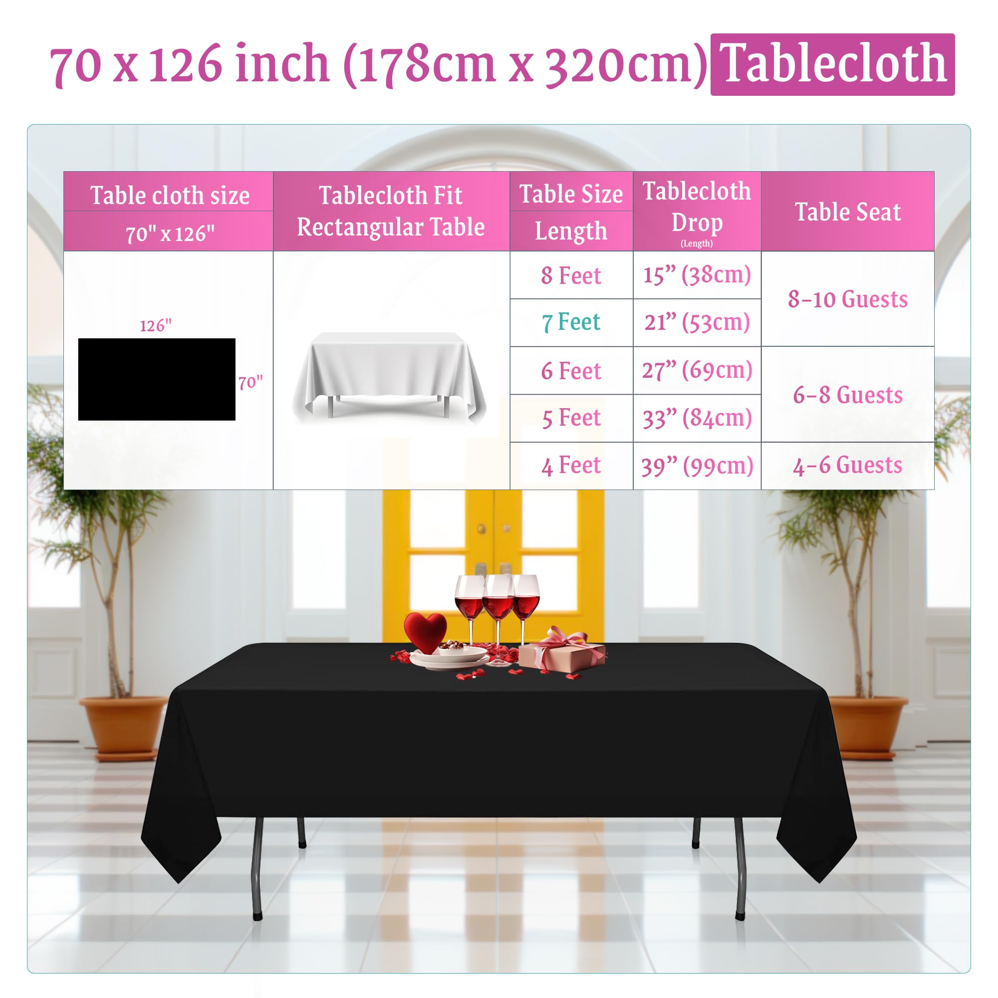 WedDecor 70 x 126 Pulgadas Negro 10 Piezas Mantel Rectangular Tela de poliéster Duradero Mantel para Boda cumpleaños Aniversario Cena Fiesta Eventos decoración