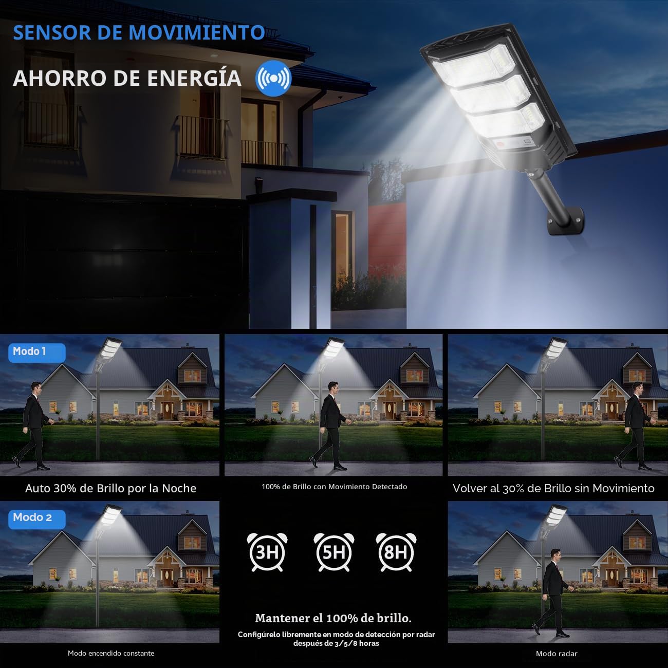 YACAISI Luces solares de calle al aire libre, luz solar exterior de 8500 K, LED del anochecer al amanecer, iluminación solar impermeable con sensor de movimiento y control remoto, luces solares de
