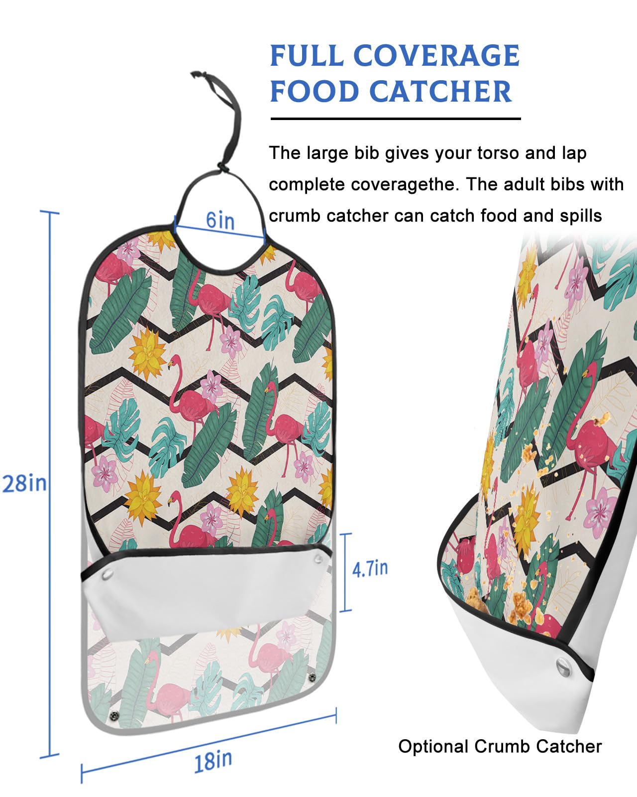 Farmhouse Flamingo Adult Bibs for Eating, Waterproof Bibs with Food Catcher & Adjustable Snap Closure, Summer Tropical Leaves Rustic Washable Clothing Protectors Adult Bibs for Elderly Women/Men