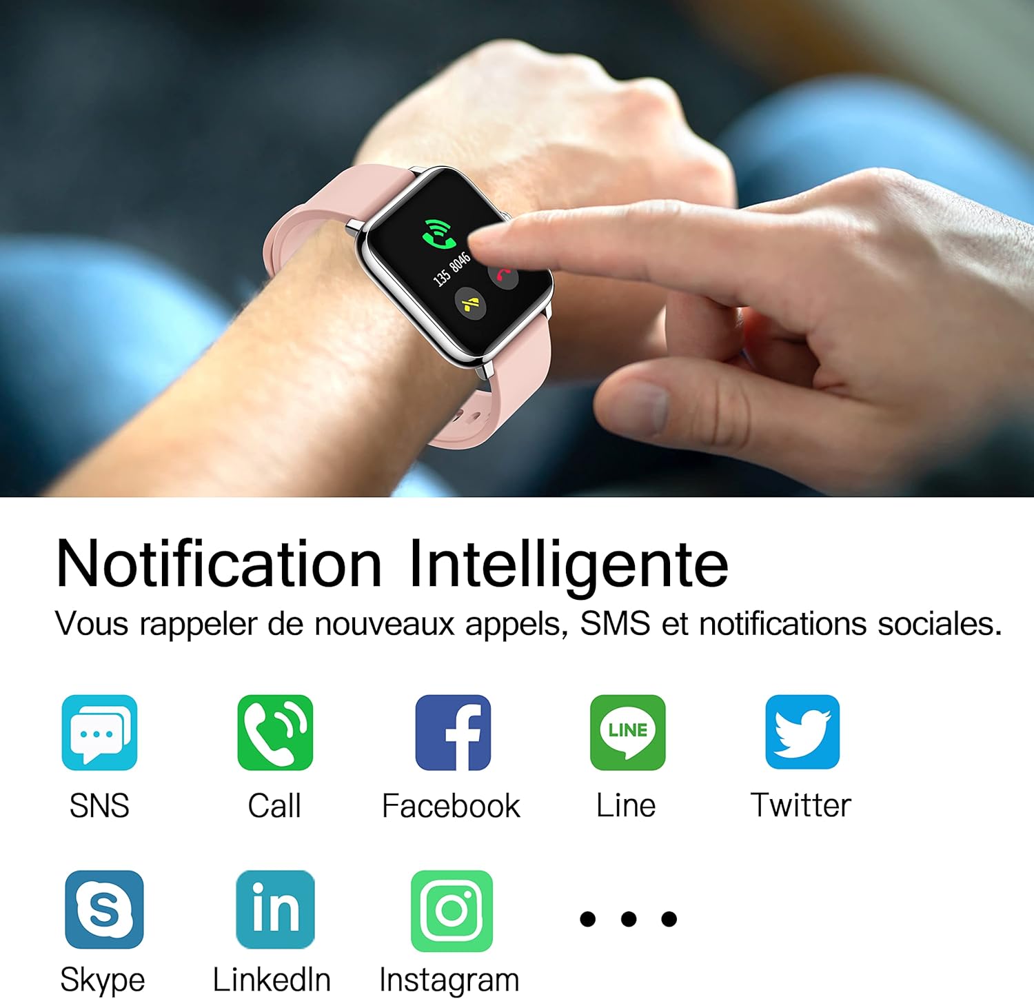 Popglory P22 Smartwatch displaying an incoming call notification, with icons for various social media and communication apps