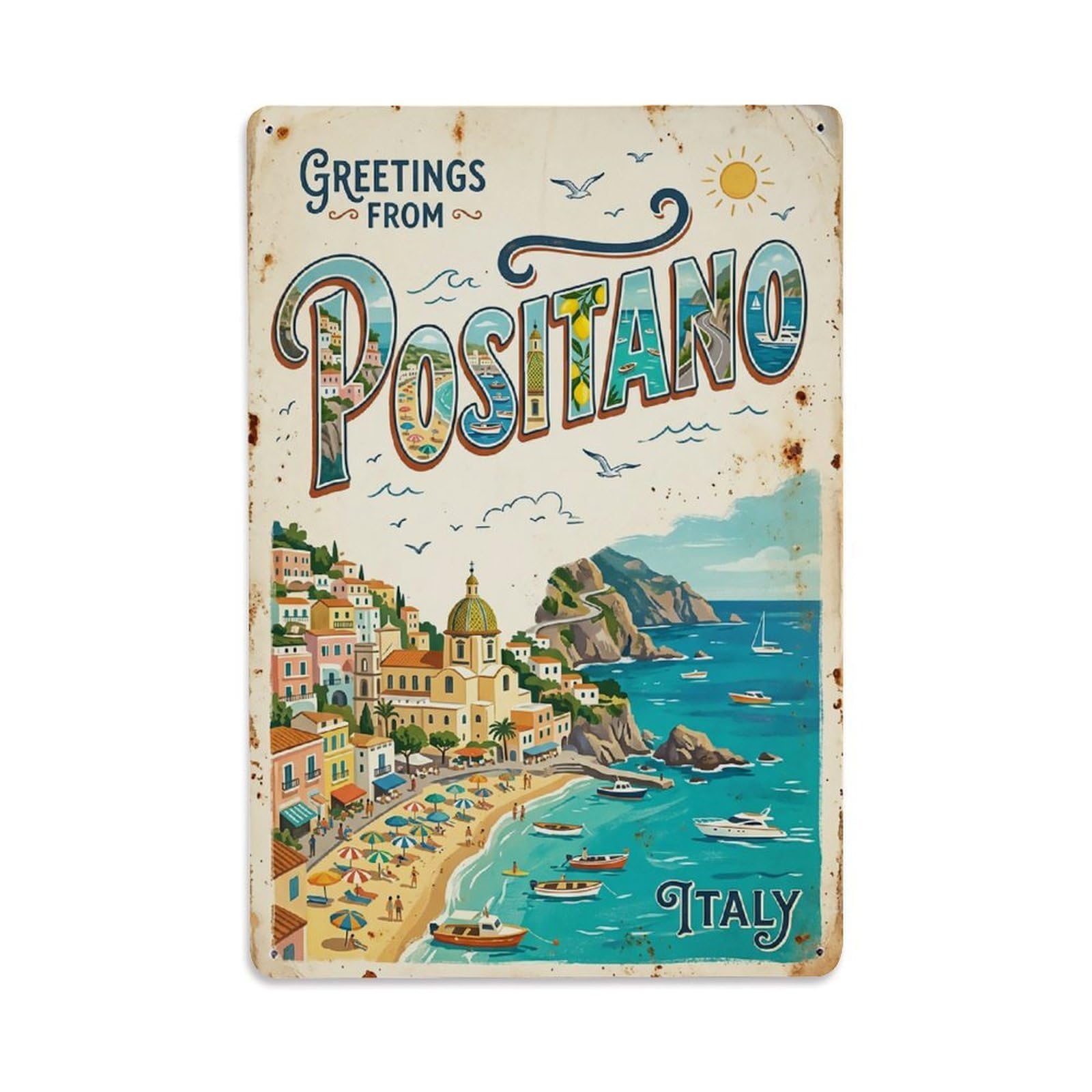 Huiyhb 8X12inch(20X30cm) Vintage Travel Positano Italy Retro Postcard Greetings Metal Tin Sign