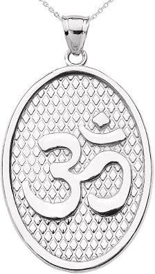 Fine 14k White Gold Engravable Om/Aum Oval Shaped Yoga Charm Pendant Necklace