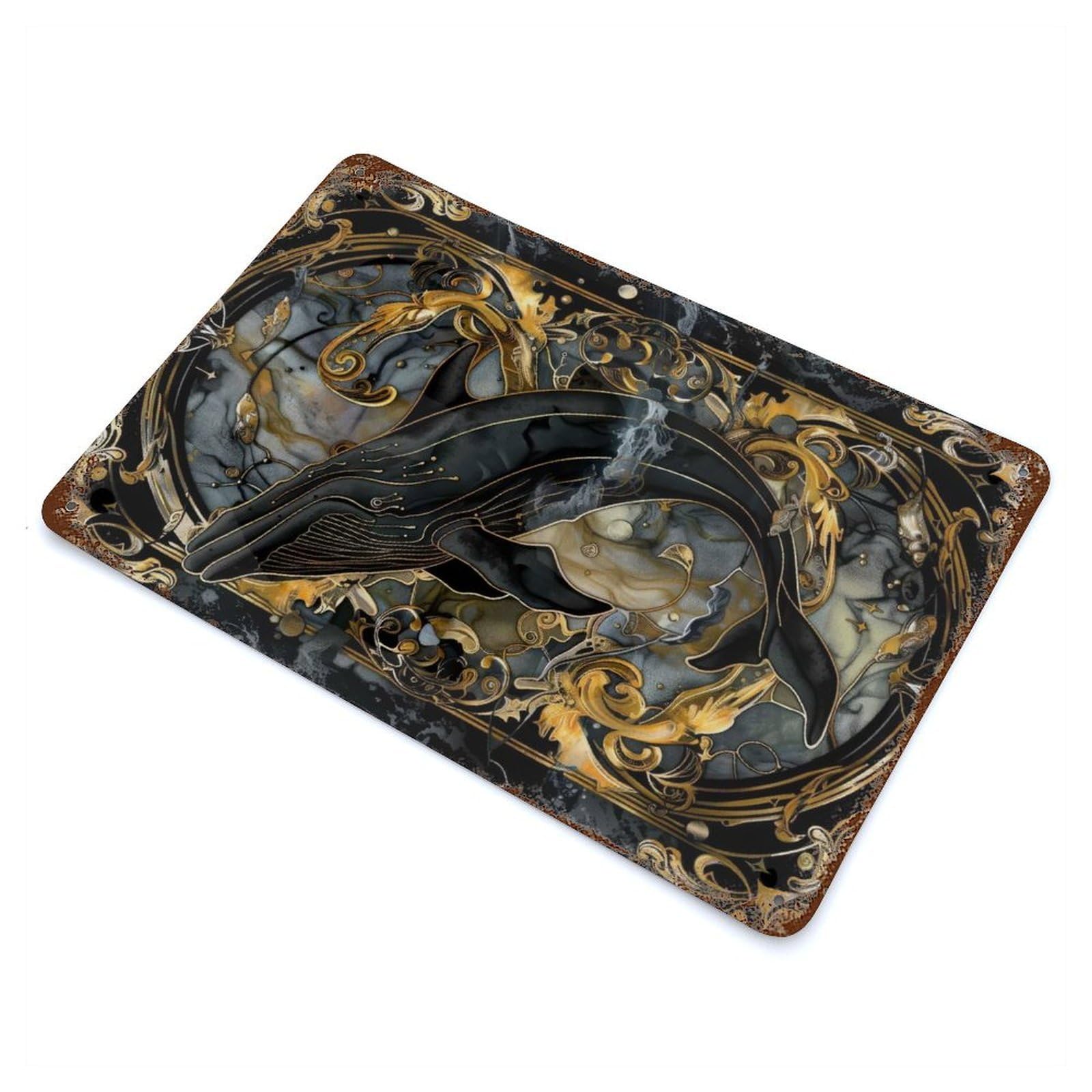 Kintsugi Whale Decorative Tin Sign 11.8"x7.9", Retro Wall Decor for Living Room, Hallway And Home Decor