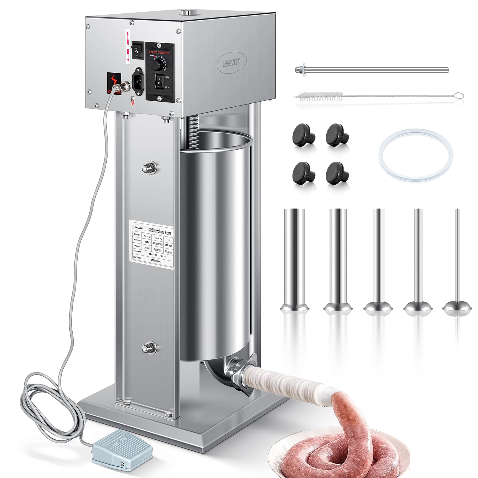 Electric Sausage Stuffer Maker, Vertical Electric Stuffer 11 Adjustable Speed Stainless Steel Commercial Sausage Filler Meat Stuffers with 5 Stuffing Tubes, Home & Commercial (30Lb/15L)