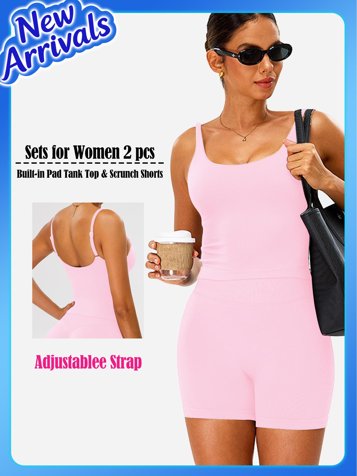 JN JANPRINT Conjunto de gimnasio para mujer, 2 piezas, sin costuras, cuello cuadrado, camiseta sin mangas, pantalones cortos ocultos, trajes de yoga, chándal de entrenamiento