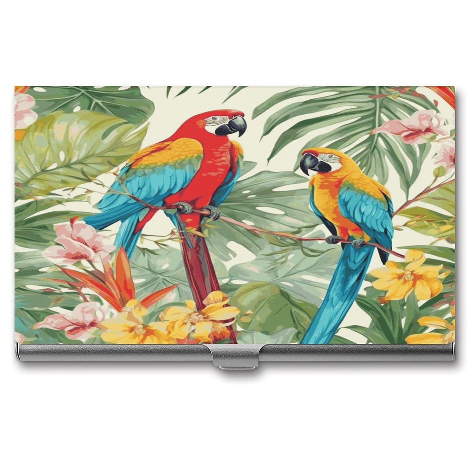 LDGSUPH Tropical Plants And Parrots Business Card Holder Fashion Slim Name Card Holder Minimalist Design Case Metal Card Carrier Personalized Business Card Case with Flip for Men Women