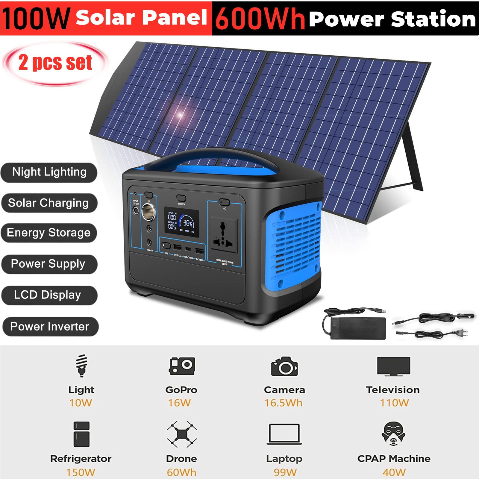 Estación de energía portátil de 600 WH con Panel Solar de 100 W, Tablero Solar Plegable y generador de Fuente de alimentación de Almacenamiento de energía para Acampar en vehículos recreativos, aven
