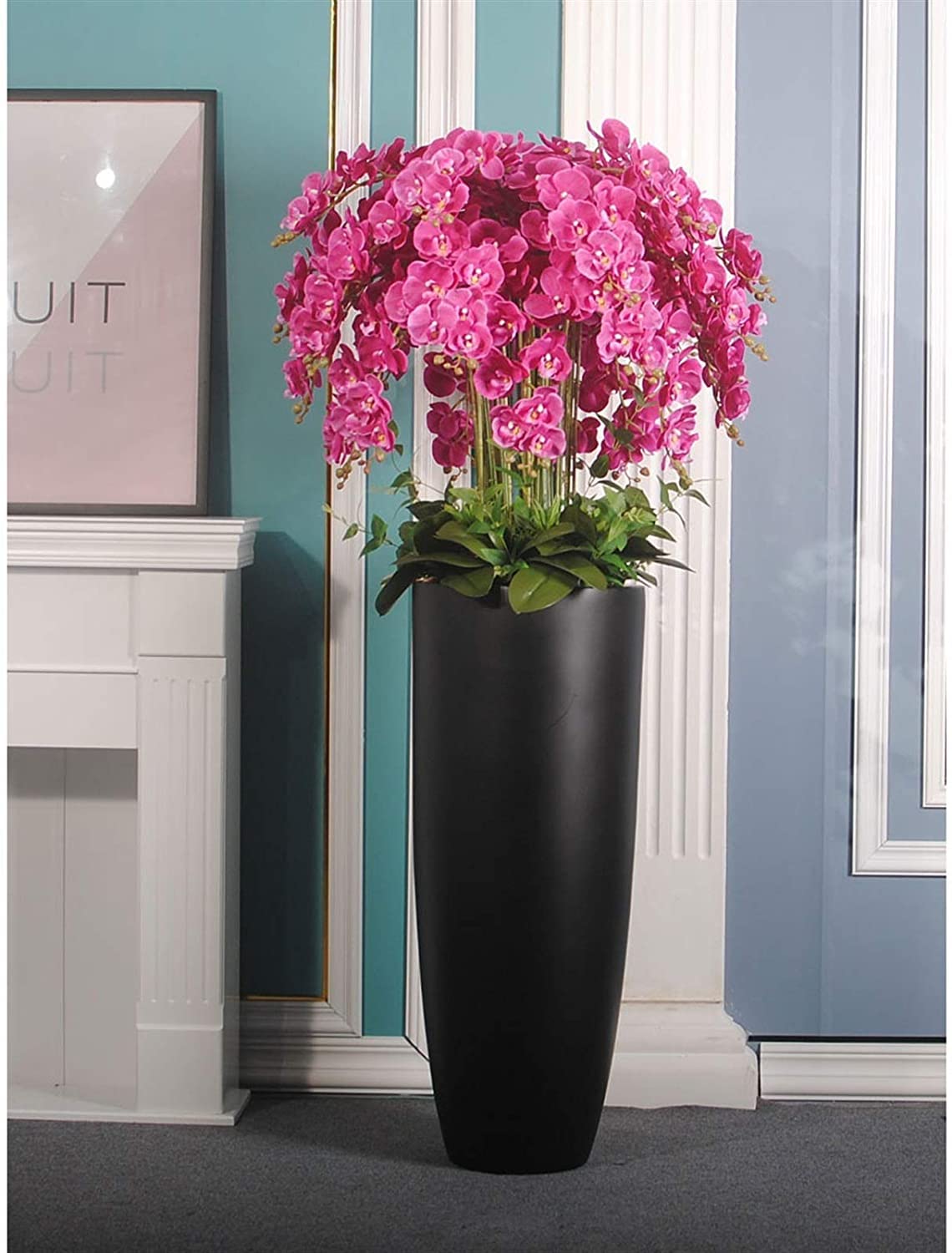 HRTC Ramo de arreglo de Flores de Phalaenopsis Artificiales Grandes con jarrón Negro, decoración de Flores Artificiales, orquídeas de imitación para Interiores
