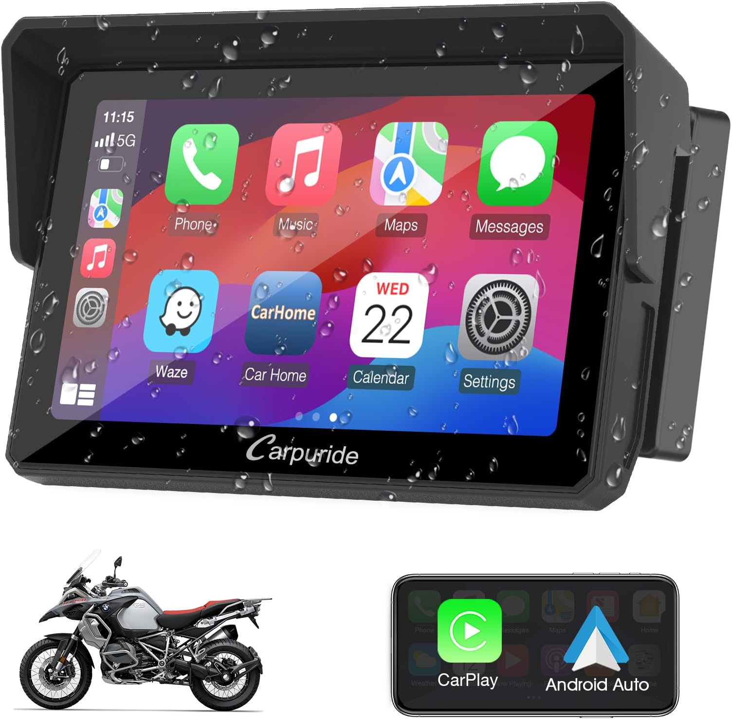 w502b Motorcycle Carplay Screen for BMW R1200GS R1250GS S1000XR Motorcycle, 5 inch Waterproof Touchscreen, Portable Carplay/Android Auto GPS Navigation for Motorbike, Dual Bluetooth