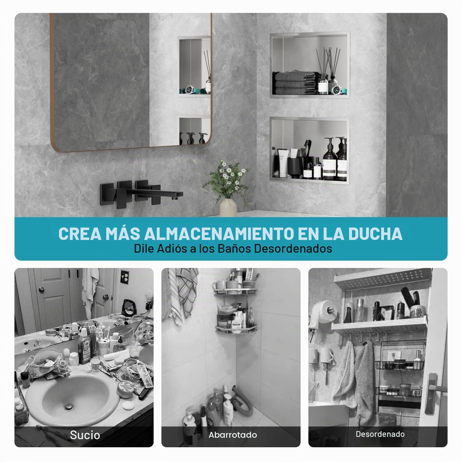 Nicho de pared para ducha de acero inoxidable, 45 x 30 x 10 cm, estante individual de almacenamiento, no necesita azulejos, para baño, nano plata