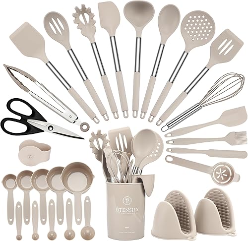 Hvygss Juego de utensilios de cocina, juego de 28 utensilios de cocina de silicona, juego de espátulas de silicona con mango de acero inoxidable con